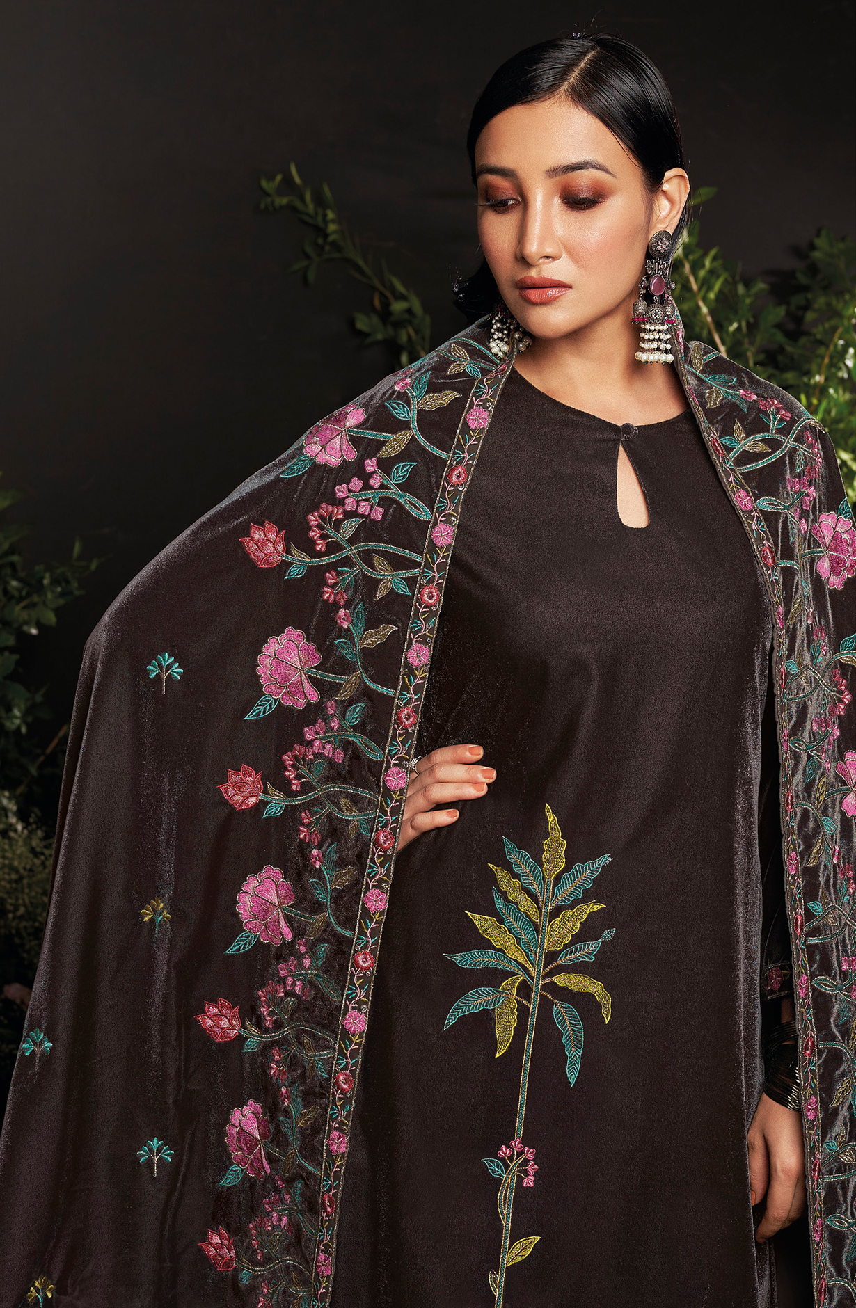 Chocolate Brown Designer Embroidered Velvet Salwar Suit - OPHC1647