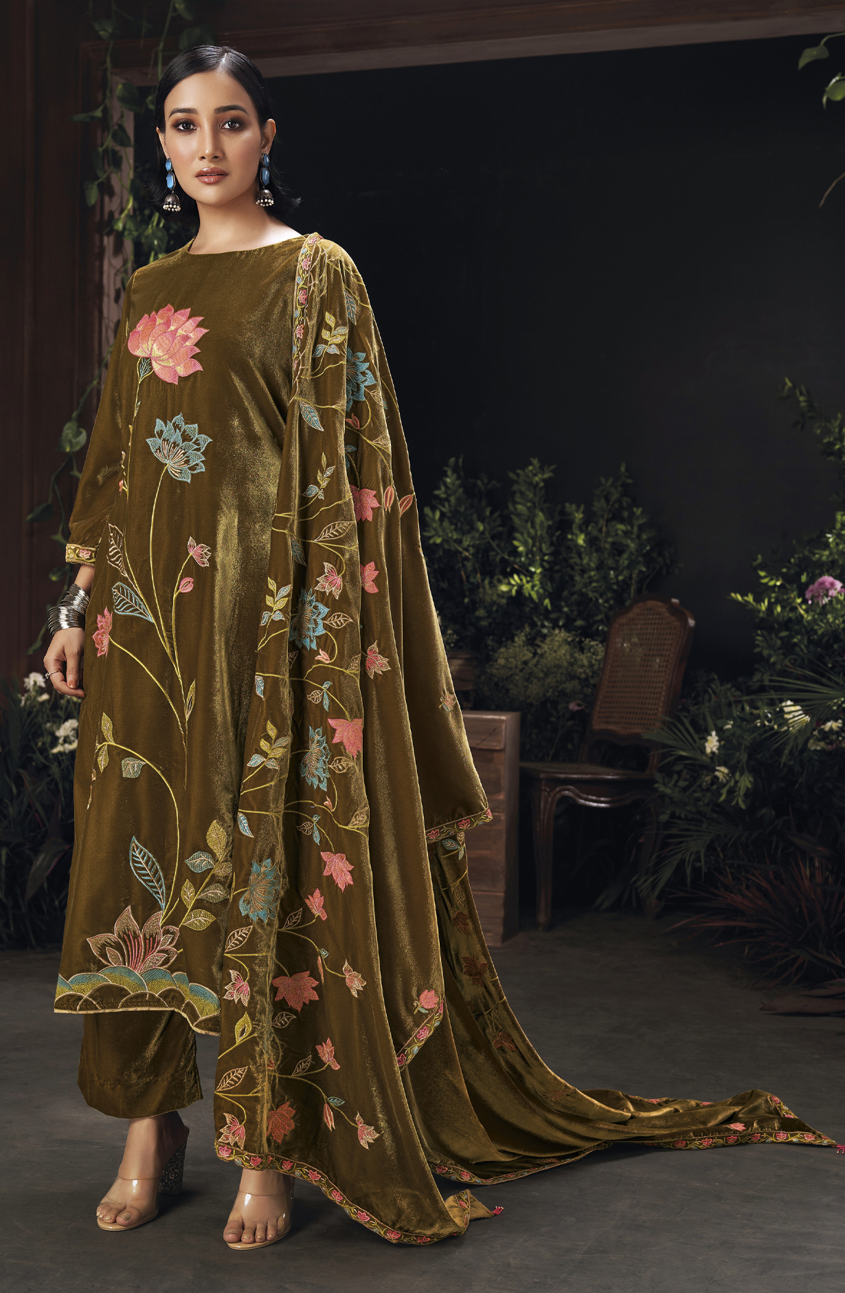 Mehndi Green Designer Embroidered Velvet Salwar Suit - OPHC1648