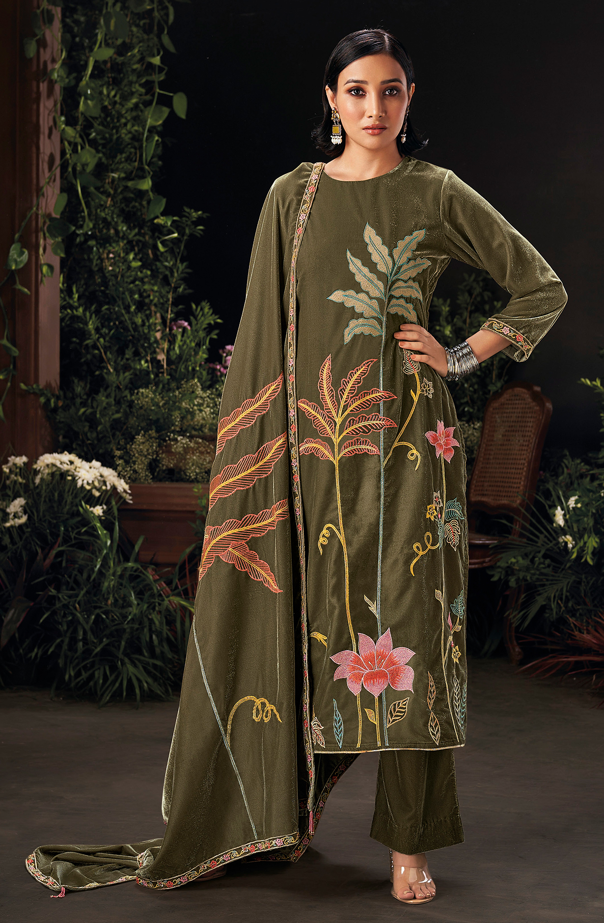 Olive Green Designer Embroidered Velvet Salwar Suit - OPHC1649