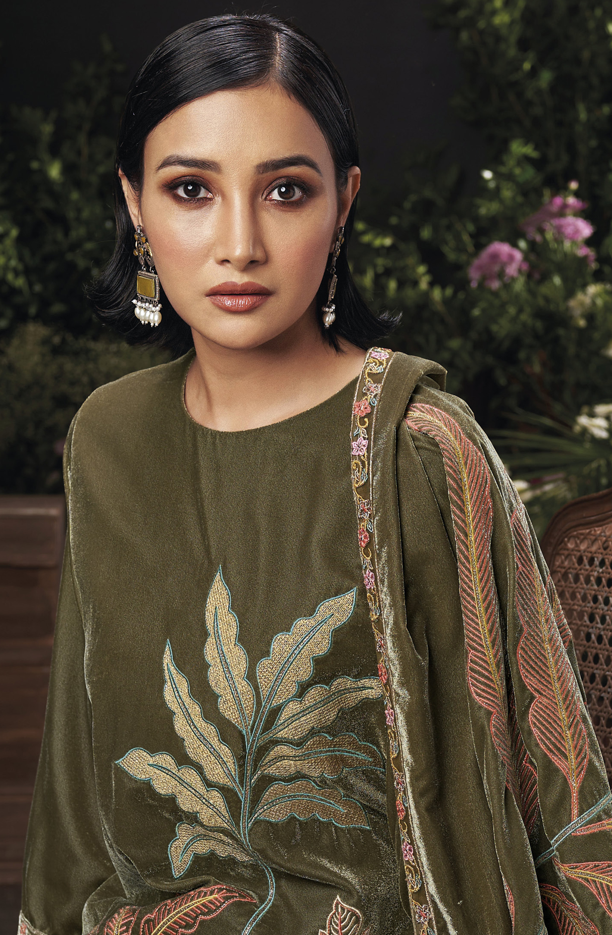 Olive Green Designer Embroidered Velvet Salwar Suit - OPHC1649