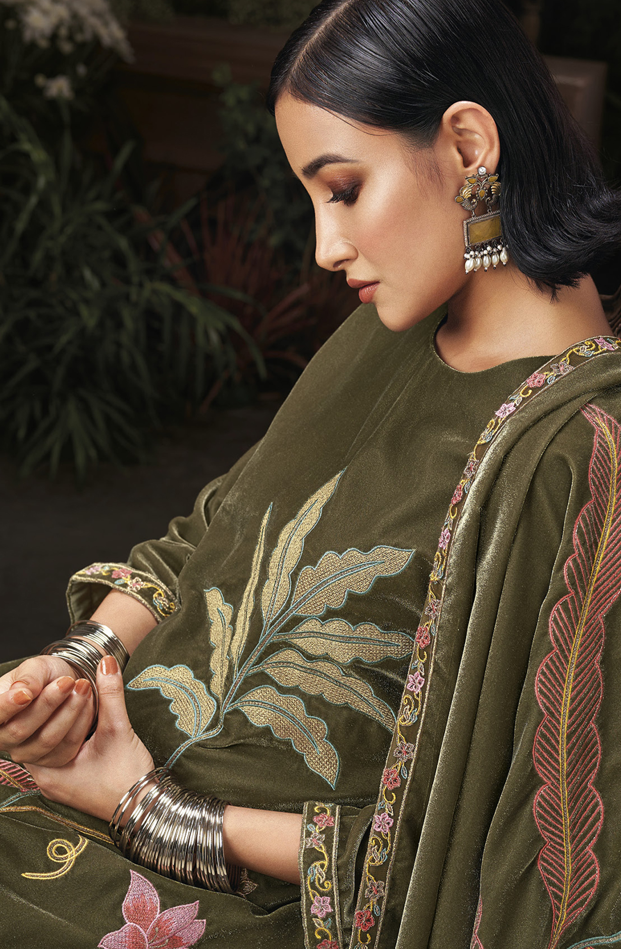 Olive Green Designer Embroidered Velvet Salwar Suit - OPHC1649