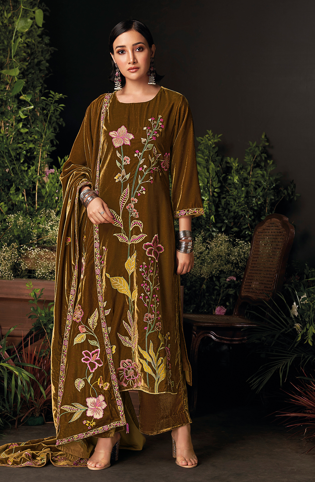 Mehndi Designer Embroidered Velvet Salwar Suit - OPHC1651