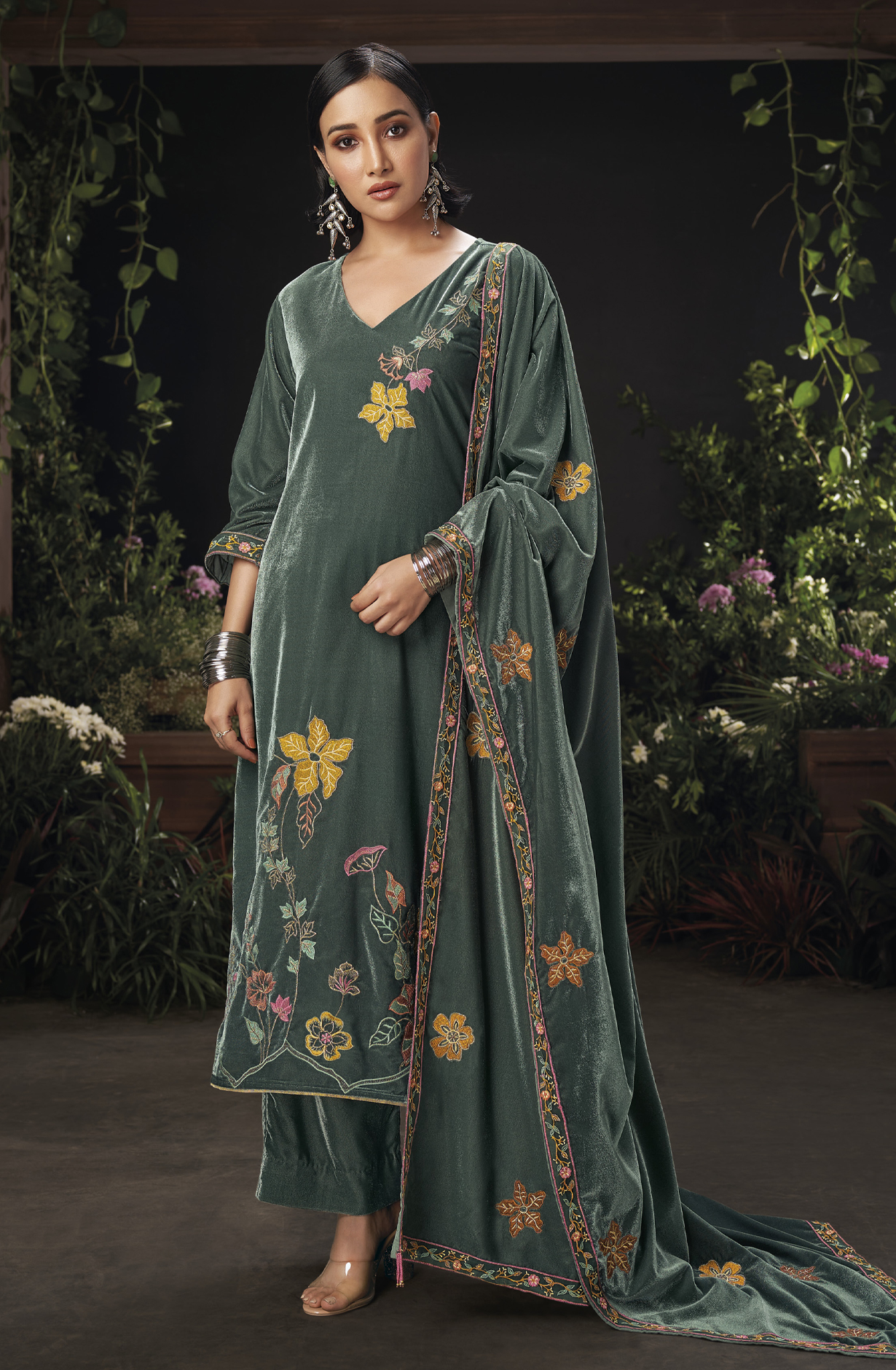 Pastel Green Designer Embroidered Velvet Salwar Suit - OPHC1652