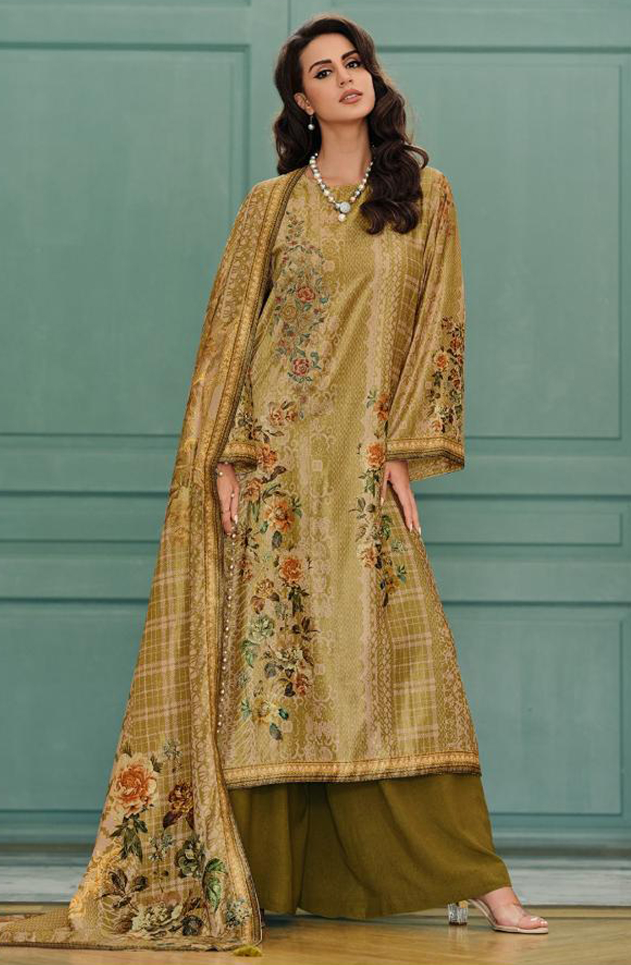 Mehndi Green Velvet Designer Unstitched Salwar Kameez - OPU02