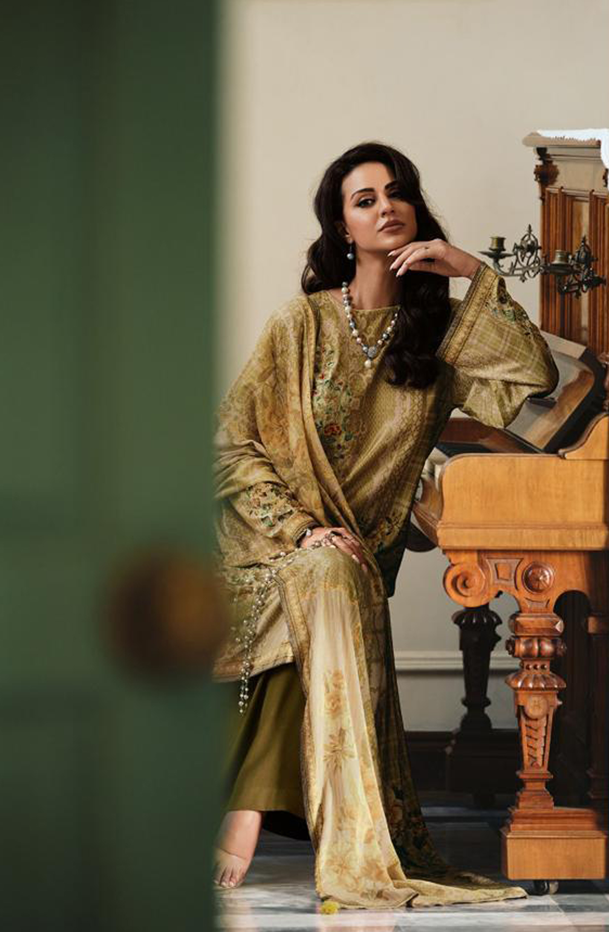 Mehndi Green Velvet Designer Unstitched Salwar Kameez - OPU02