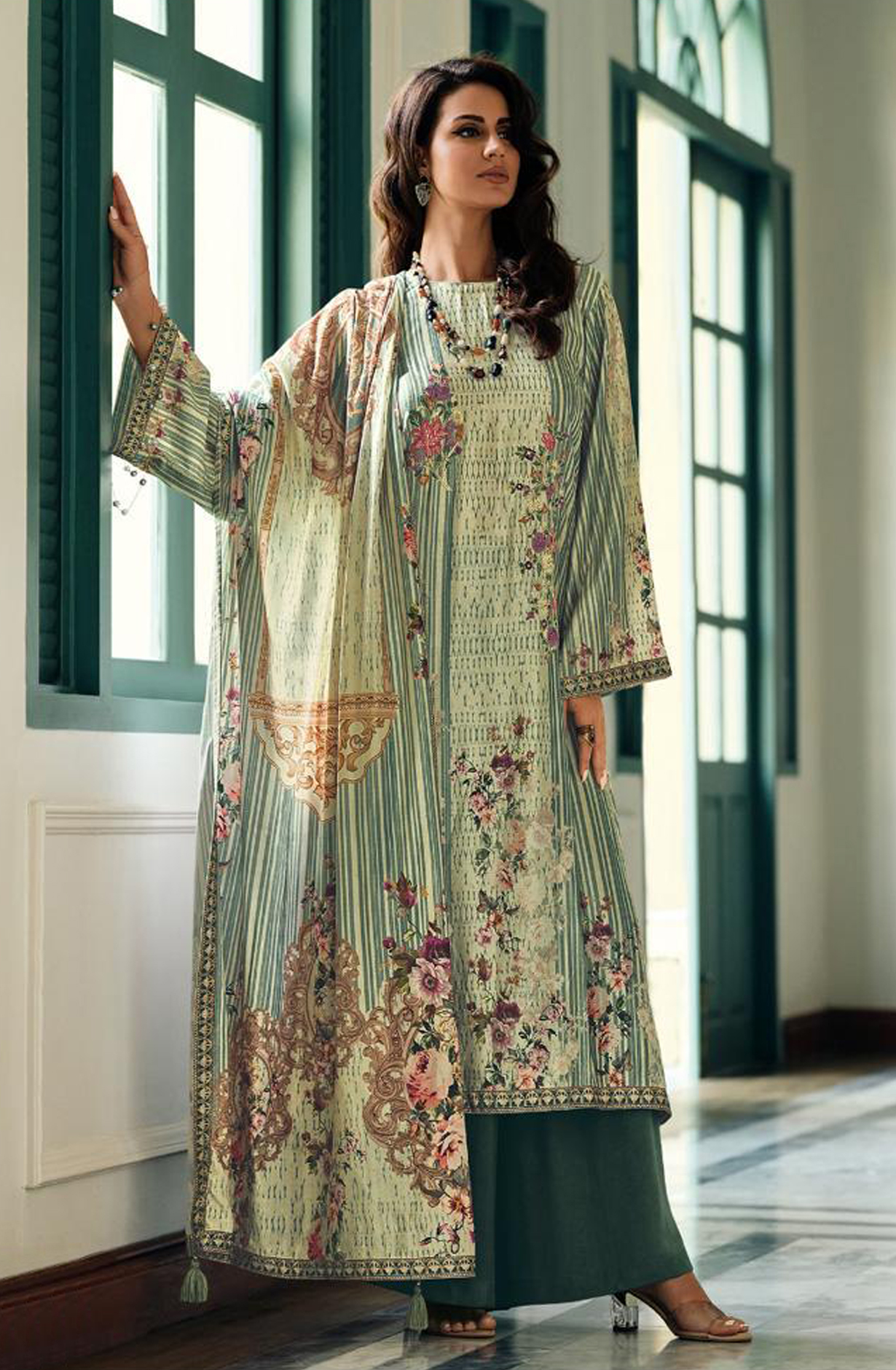 Sea Green Velvet Designer Unstitched Salwar Kameez - OPU04