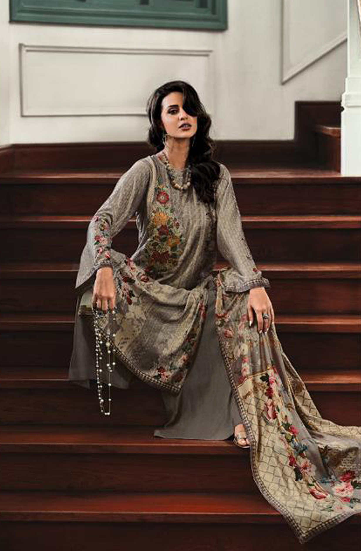 Grey Velvet Designer Unstitched Salwar Kameez - OPU06