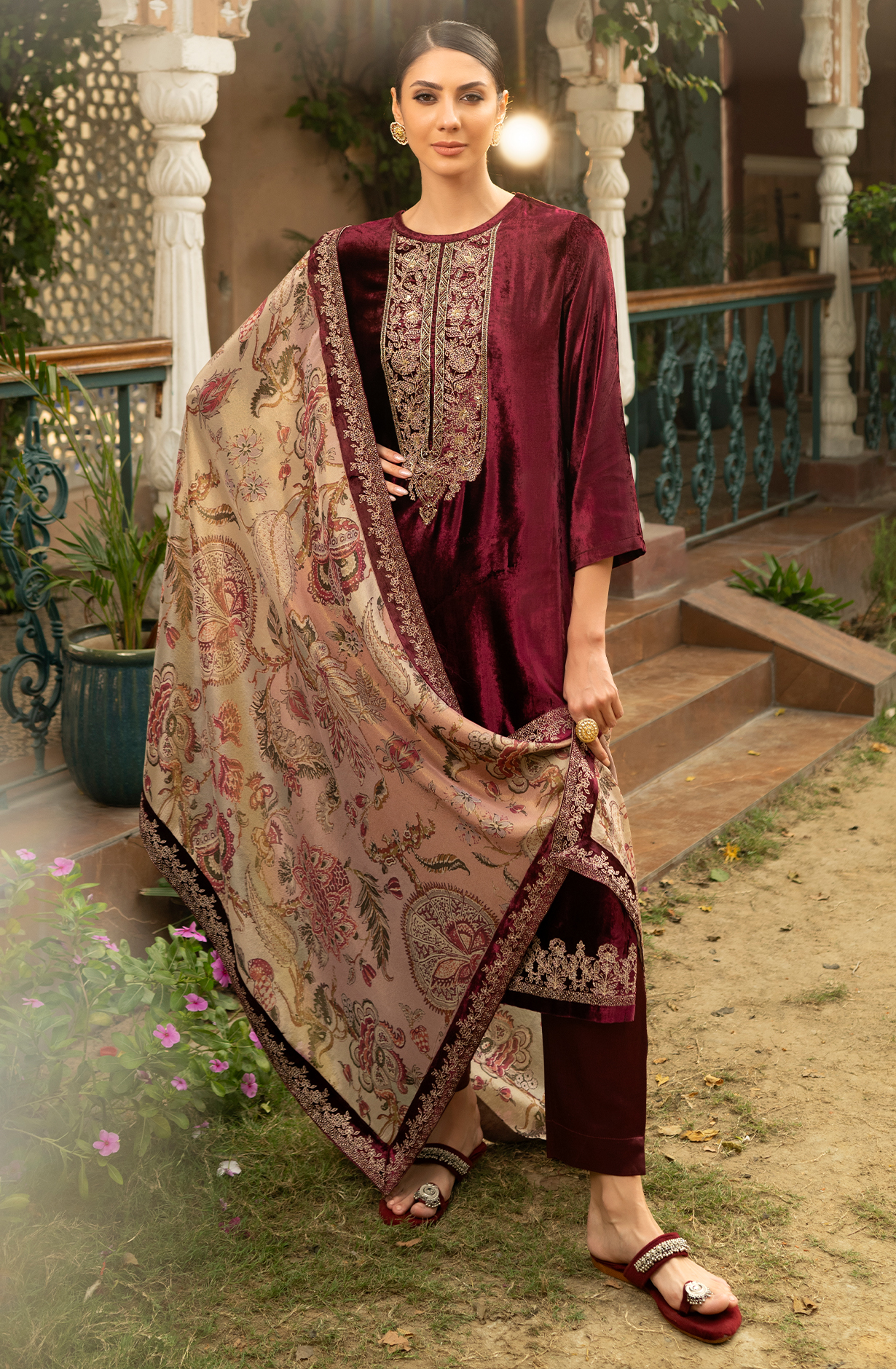Wine Pure Velvet Suit-Set with Embroidery and Handwork - ORA2284A