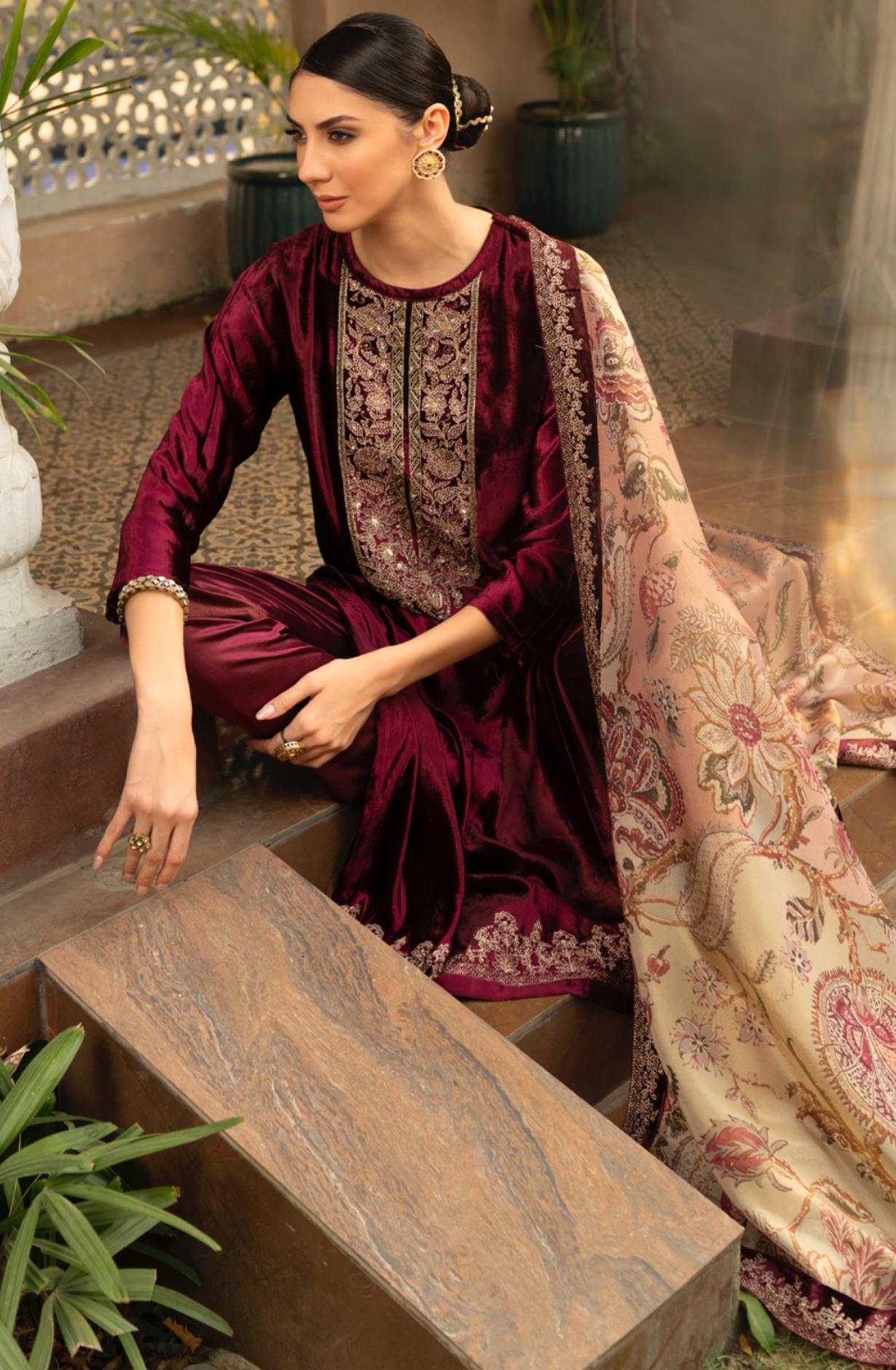 Wine Pure Velvet Suit-Set with Embroidery and Handwork - ORA2284A