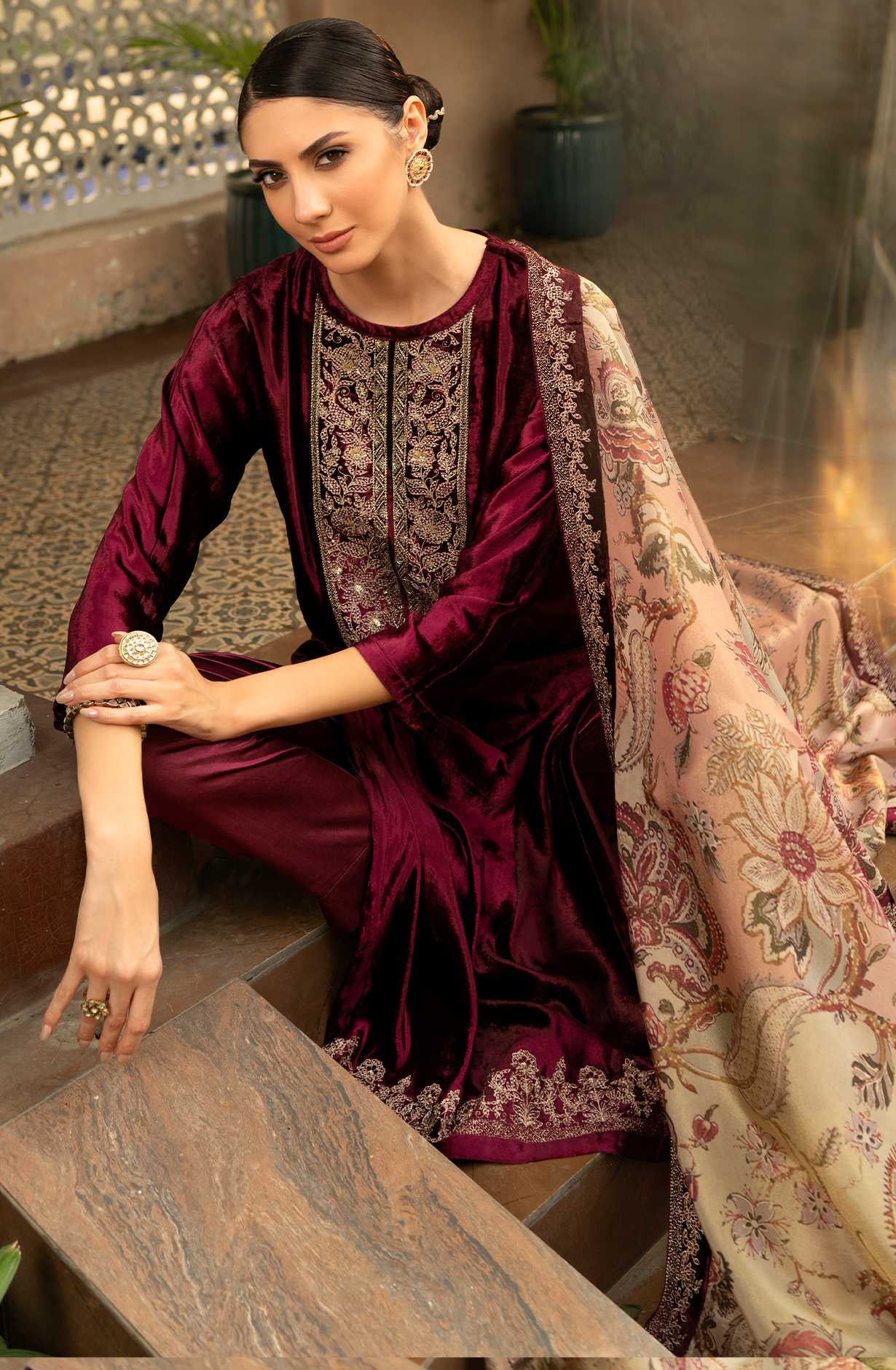 Wine Pure Velvet Suit-Set with Embroidery and Handwork - ORA2284A