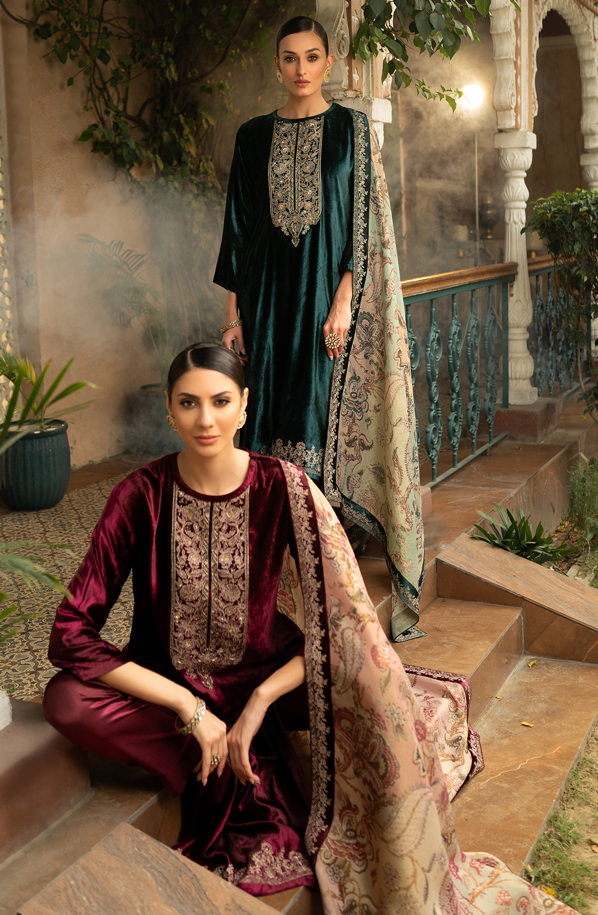 Wine Pure Velvet Suit-Set with Embroidery and Handwork - ORA2284A