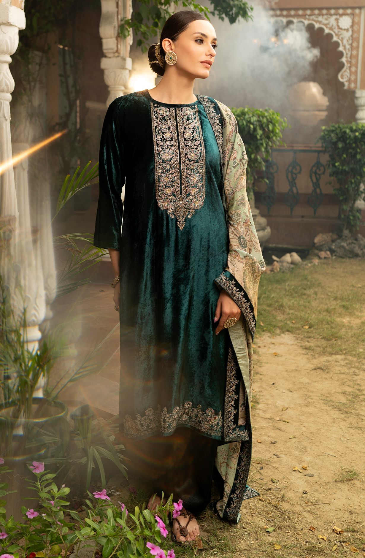Bottle Green Pure Velvet Suit-Set with Embroidery and Handwork - ORA2284B