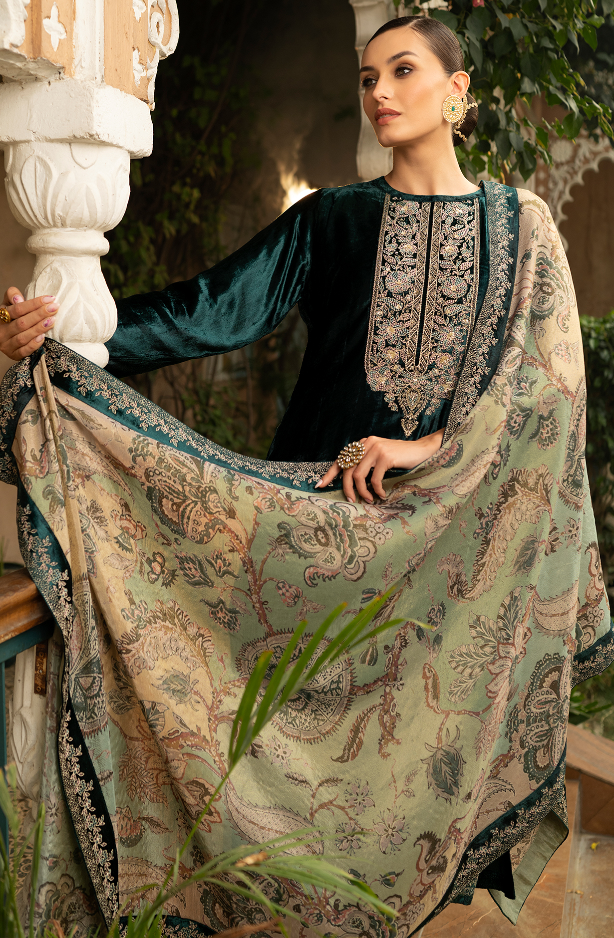 Bottle Green Pure Velvet Suit-Set with Embroidery and Handwork - ORA2284B