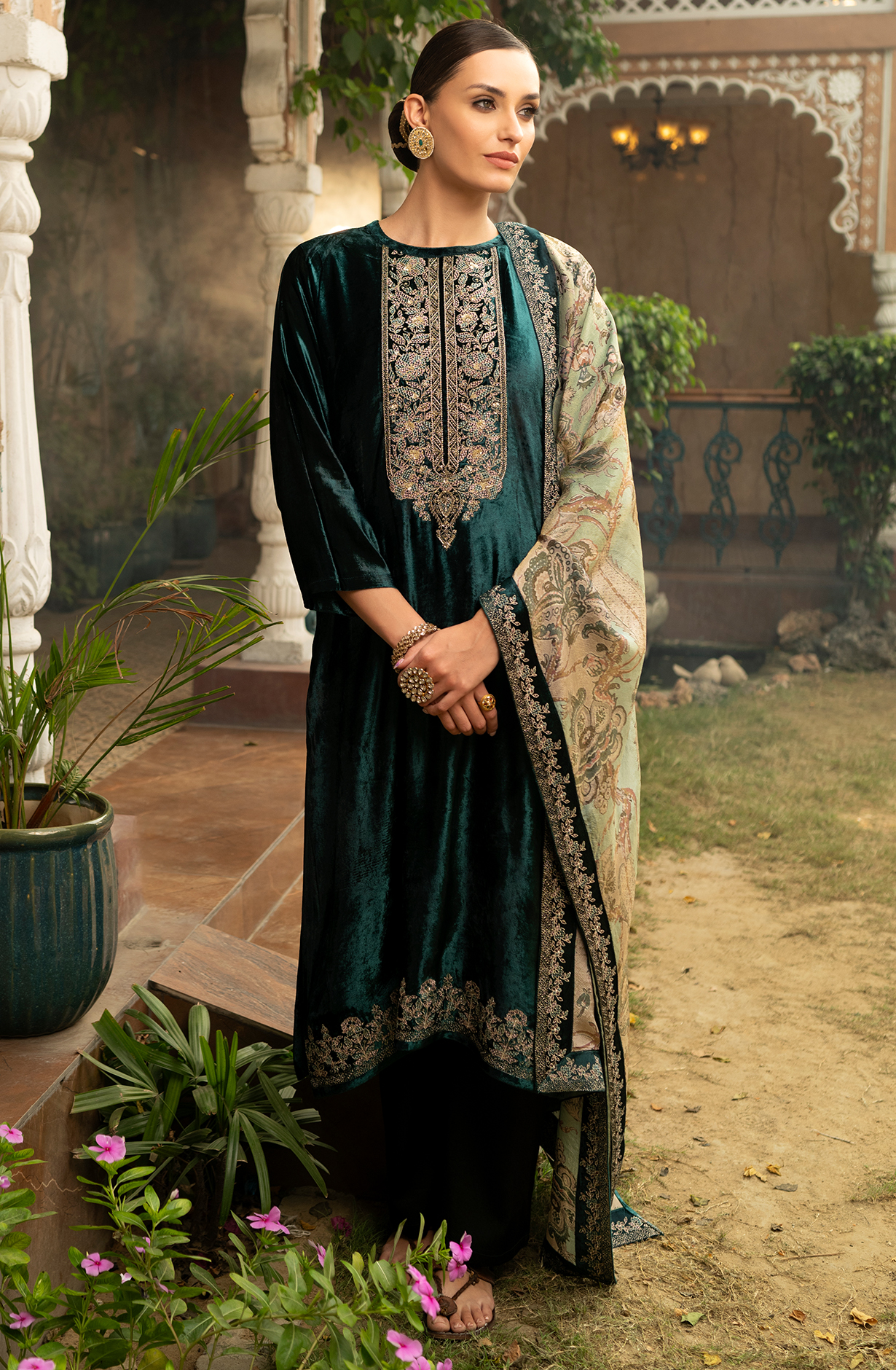 Bottle Green Pure Velvet Suit-Set with Embroidery and Handwork - ORA2284B