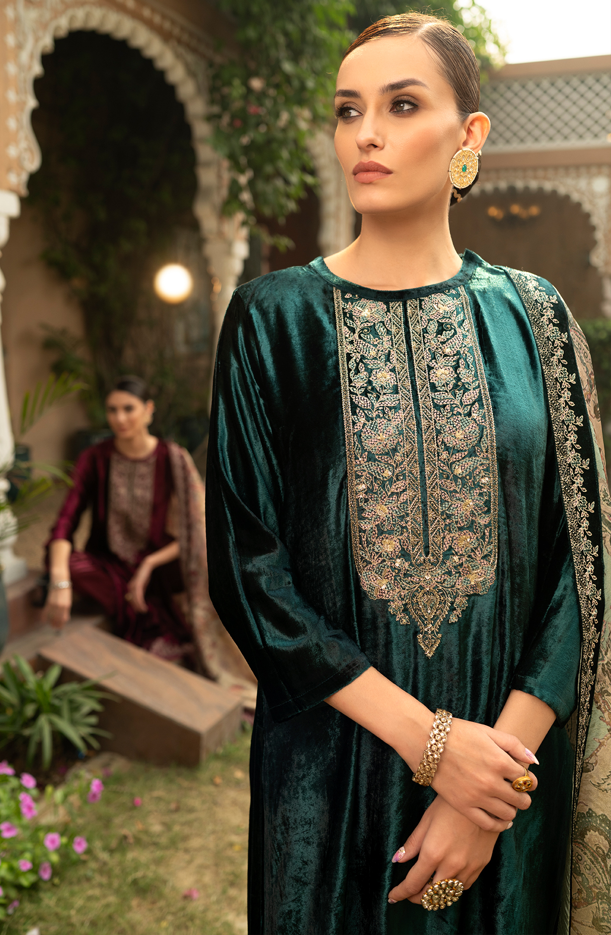 Bottle Green Pure Velvet Suit-Set with Embroidery and Handwork - ORA2284B