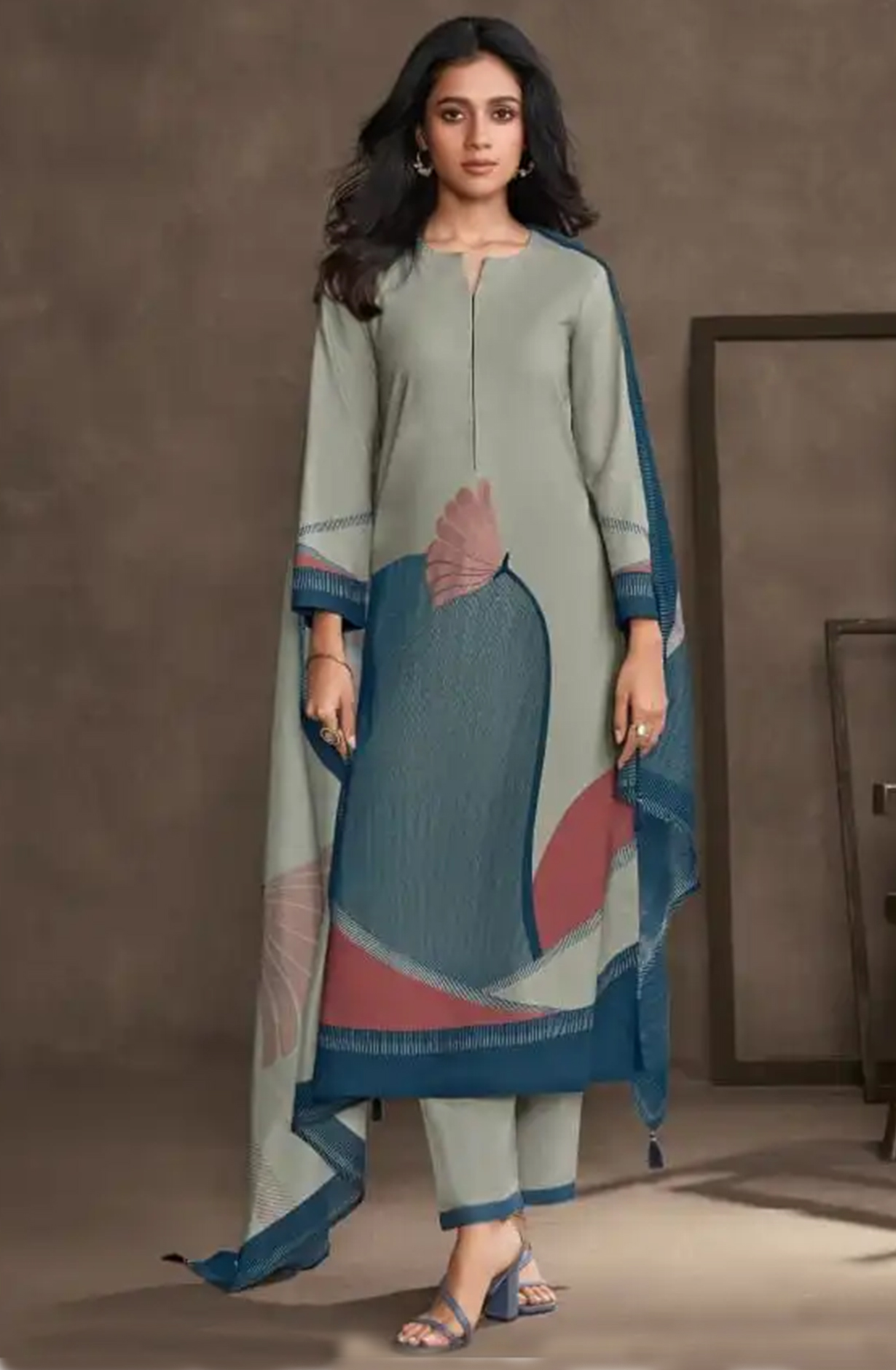 Blue Cotton Lawn Suit Set with Cotton Dupatta - ORA7311B