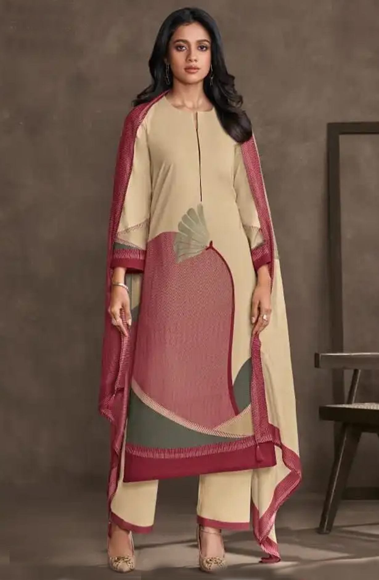 Maroon Cotton Lawn Suit Set with Cotton Dupatta - ORA7311C