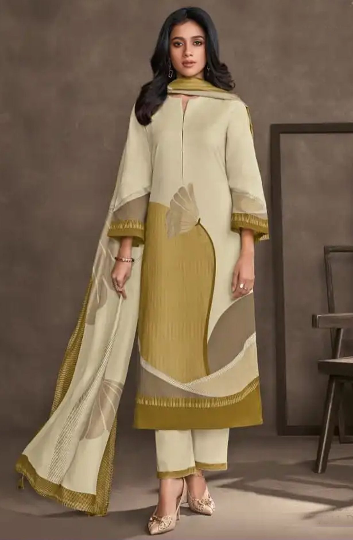 Brown Cotton Lawn Suit Set with Cotton Dupatta - ORA7311D