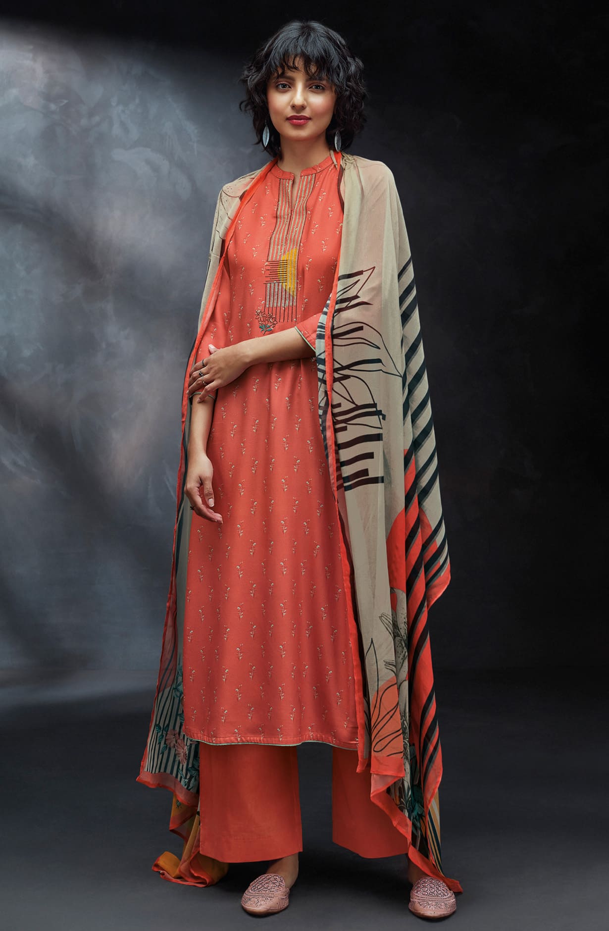 Orange Spun Winterwear Printed Unstitched Salwar Kameez - ANAS1211C