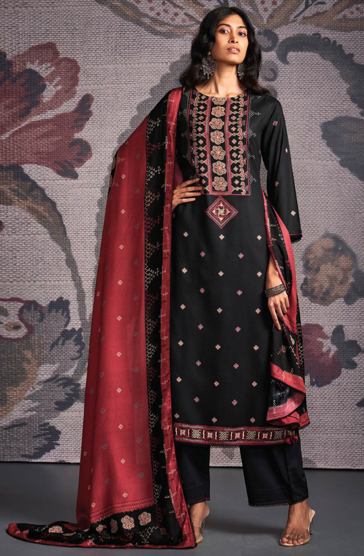 Black Pure Pashmina with Dobby solid color work embroidery- ORNC2159