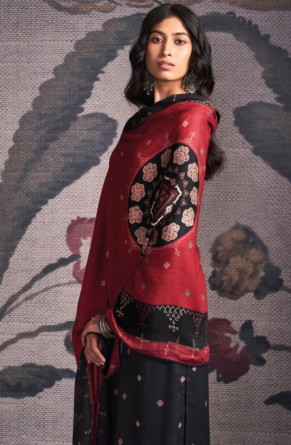 Black Pure Pashmina with Dobby solid color work embroidery- ORNC2159