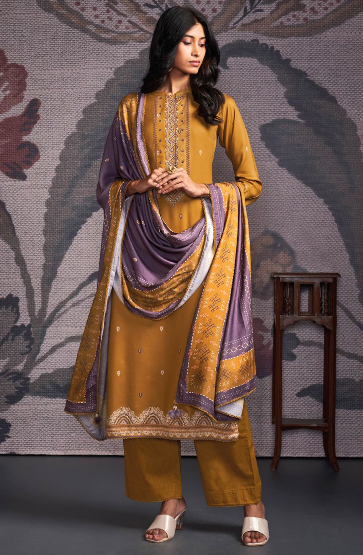 Maustard Pure Pashmina with Dobby solid color work embroidery- ORNC2161