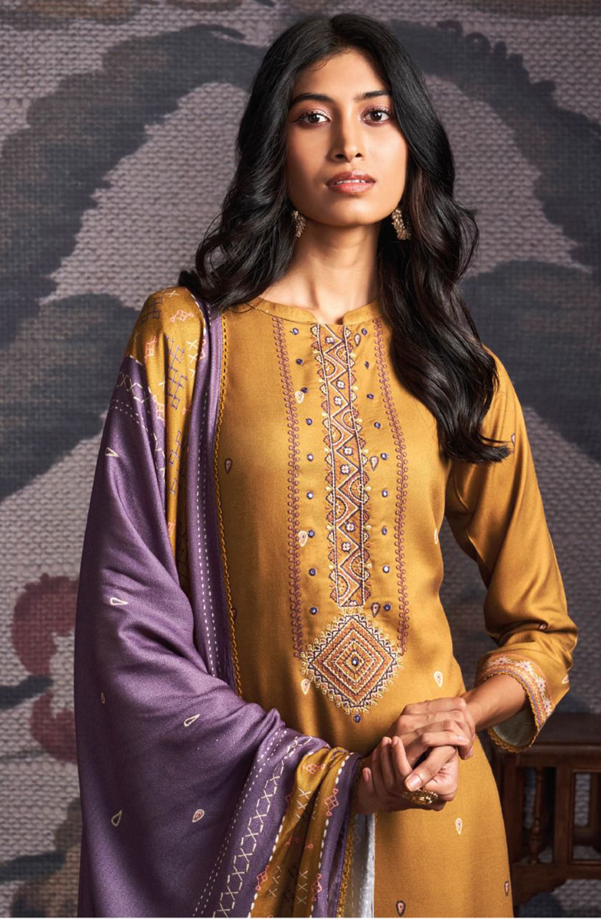Maustard Pure Pashmina with Dobby solid color work embroidery- ORNC2161