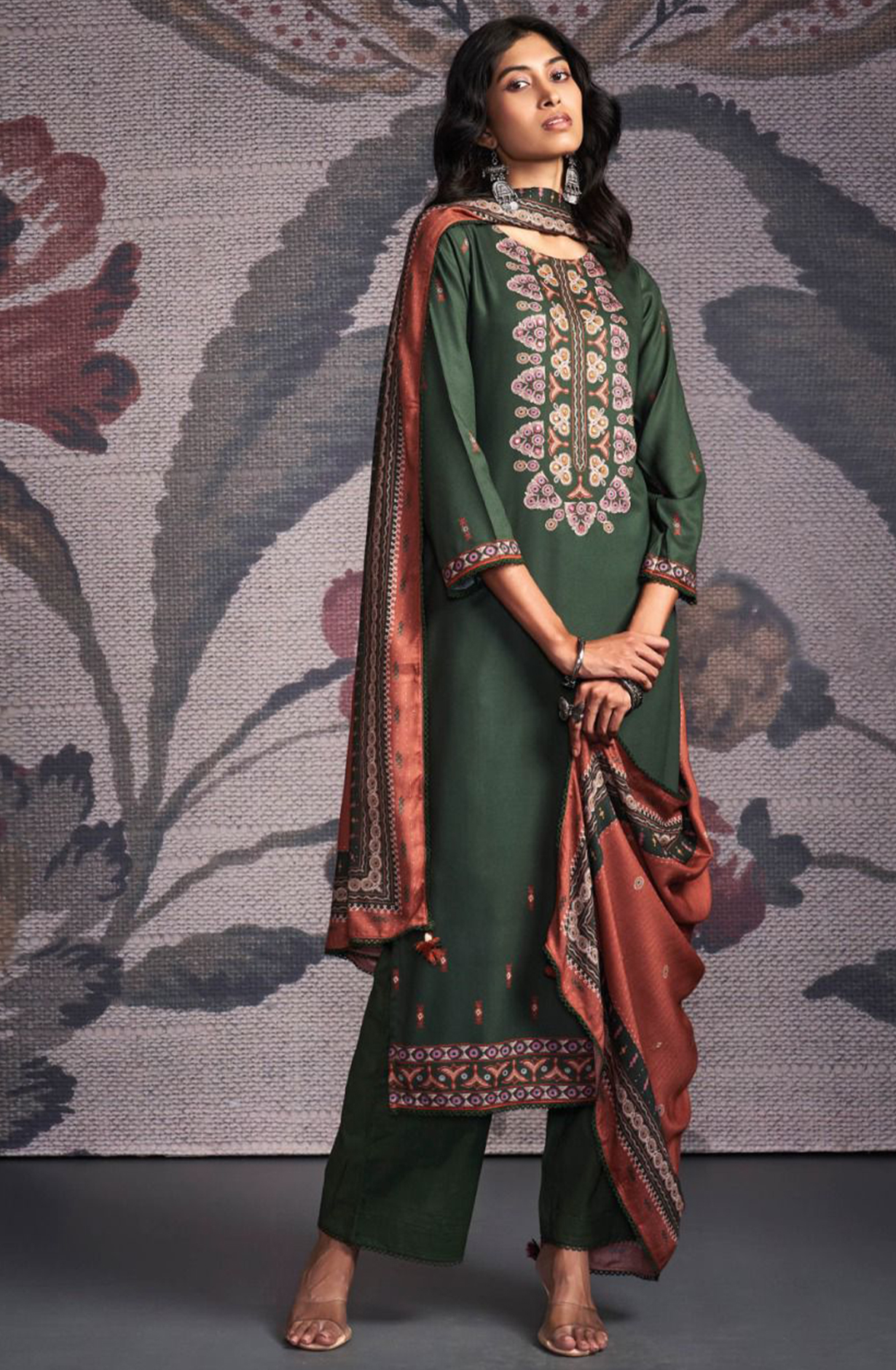 Green Pure Pashmina with Dobby solid color work embroidery- ORNC2162