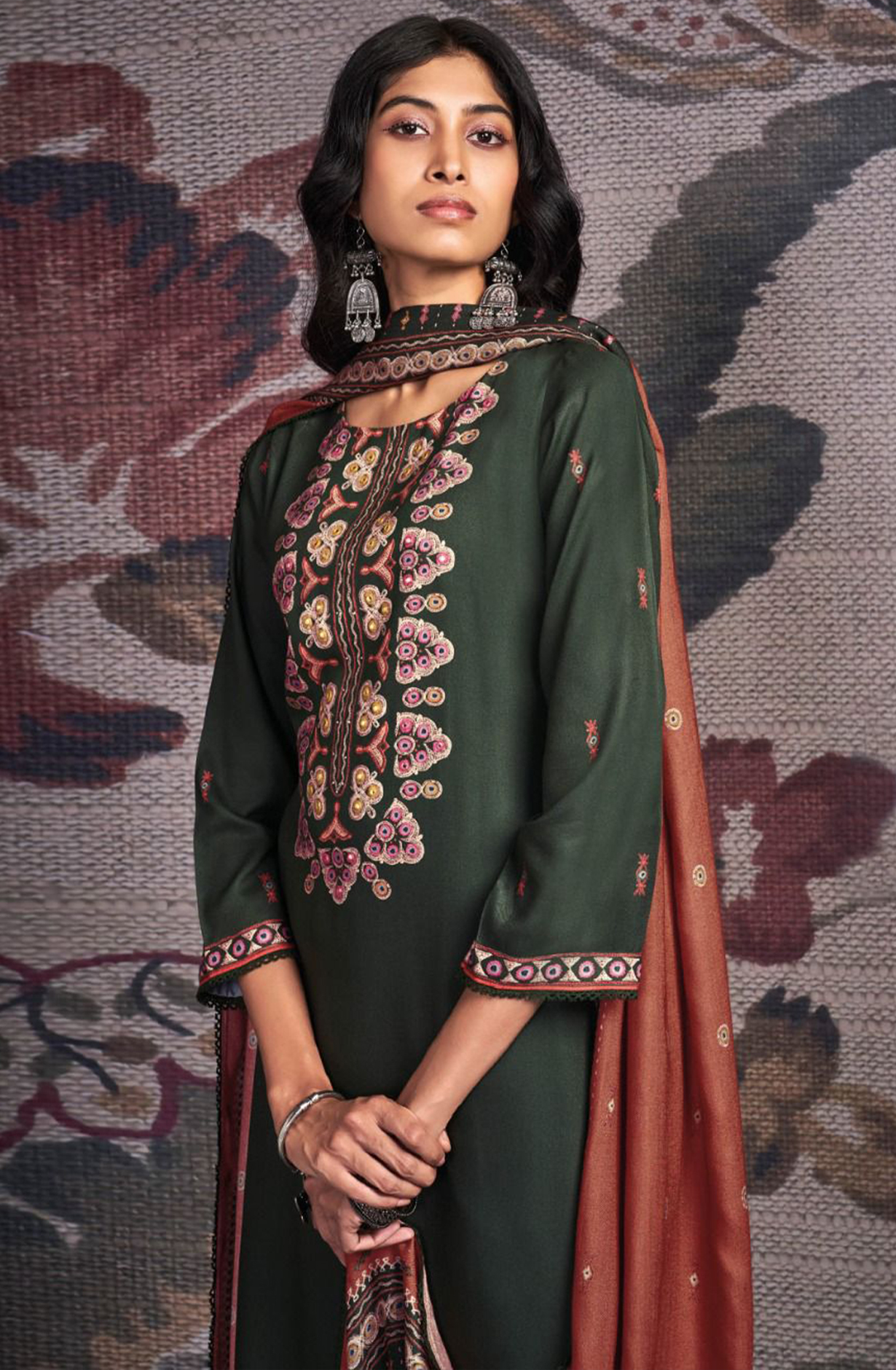 Green Pure Pashmina with Dobby solid color work embroidery- ORNC2162