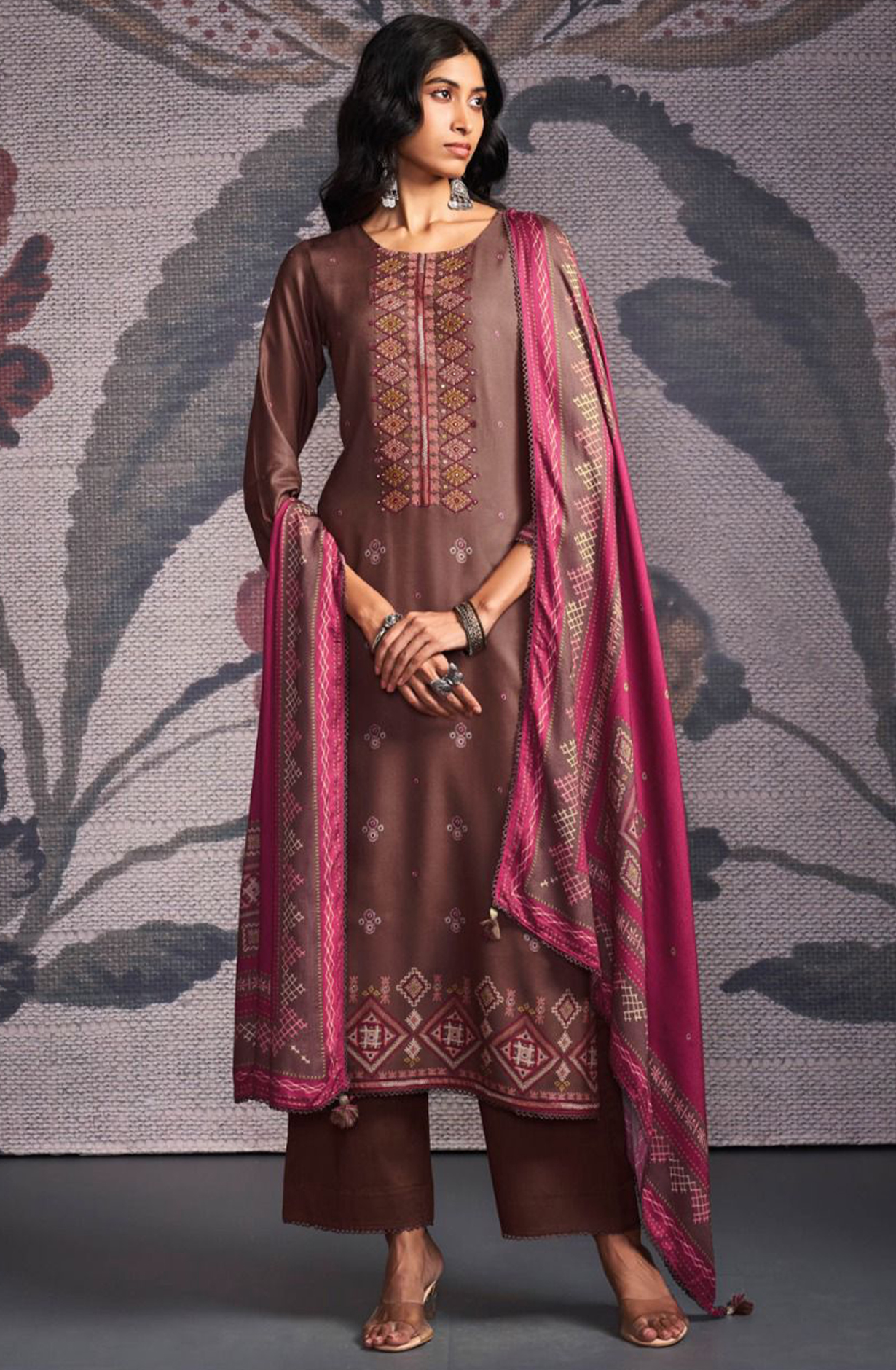 Brown Pure Pashmina with Dobby solid color work embroidery- ORNC2163