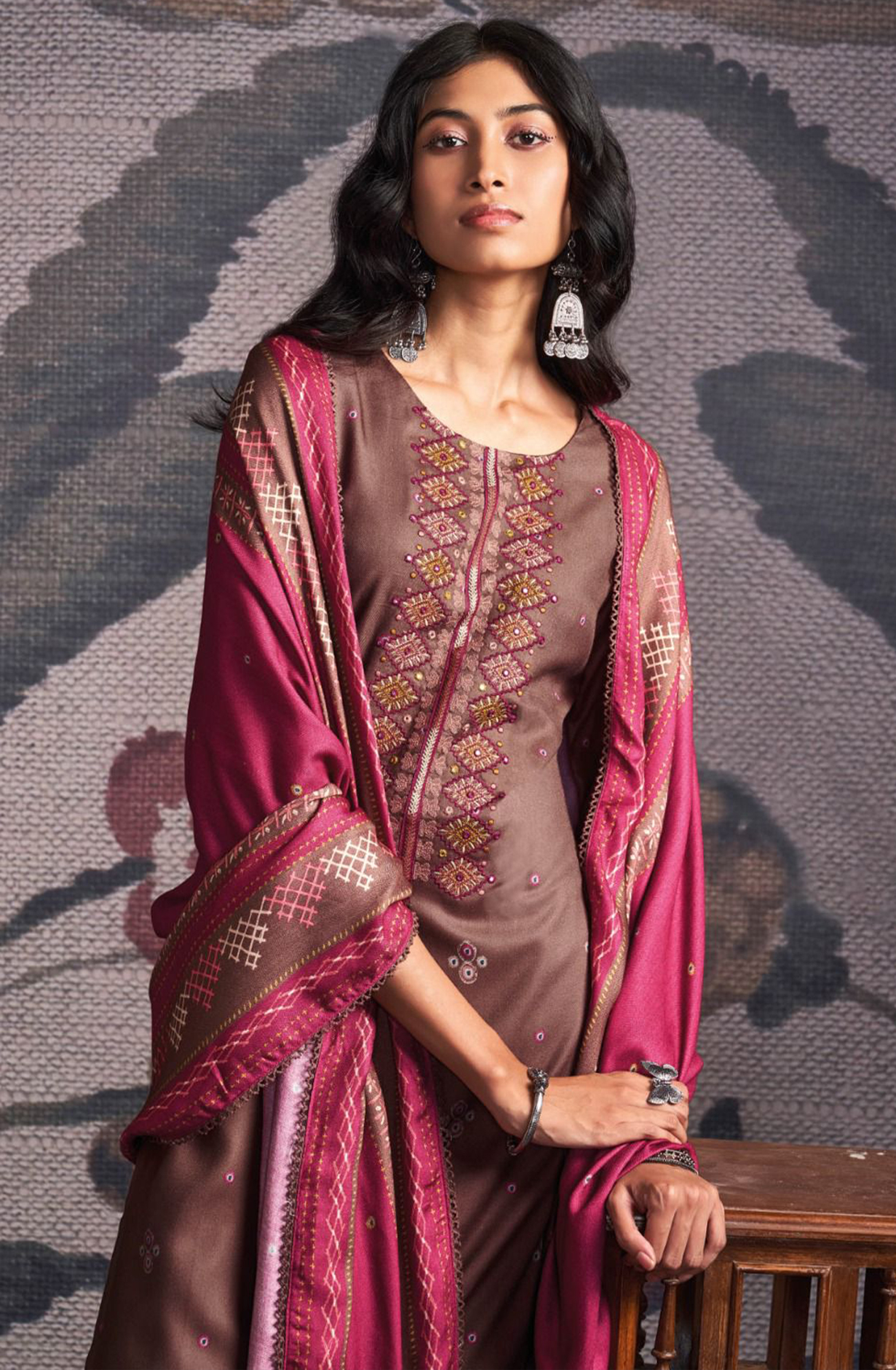 Brown Pure Pashmina with Dobby solid color work embroidery- ORNC2163