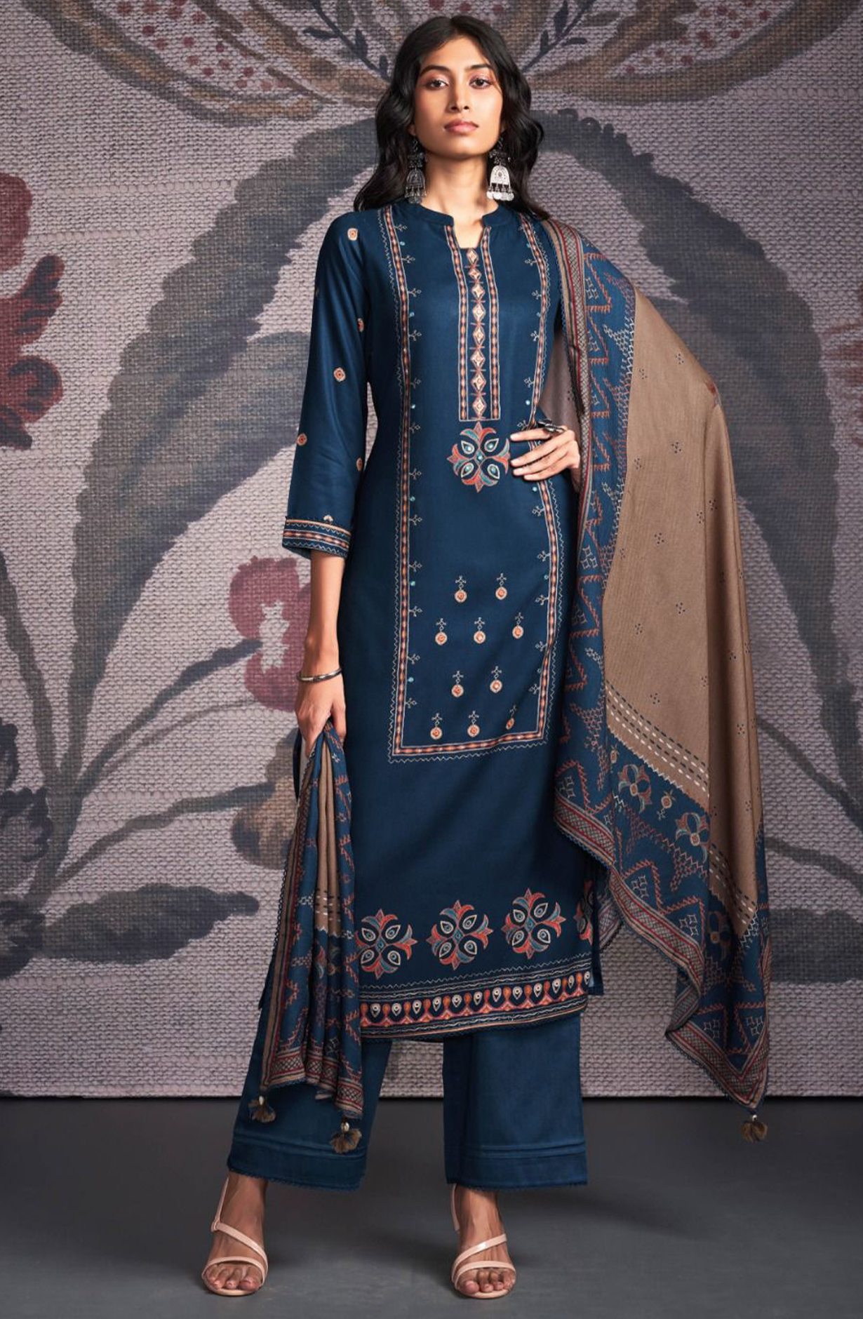 Blue Pure Pashmina with Dobby solid color work embroidery- ORNC2164