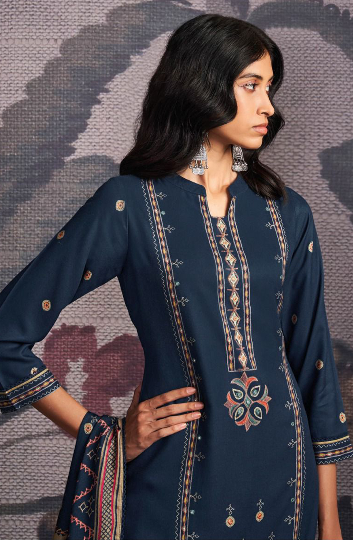 Blue Pure Pashmina with Dobby solid color work embroidery- ORNC2164