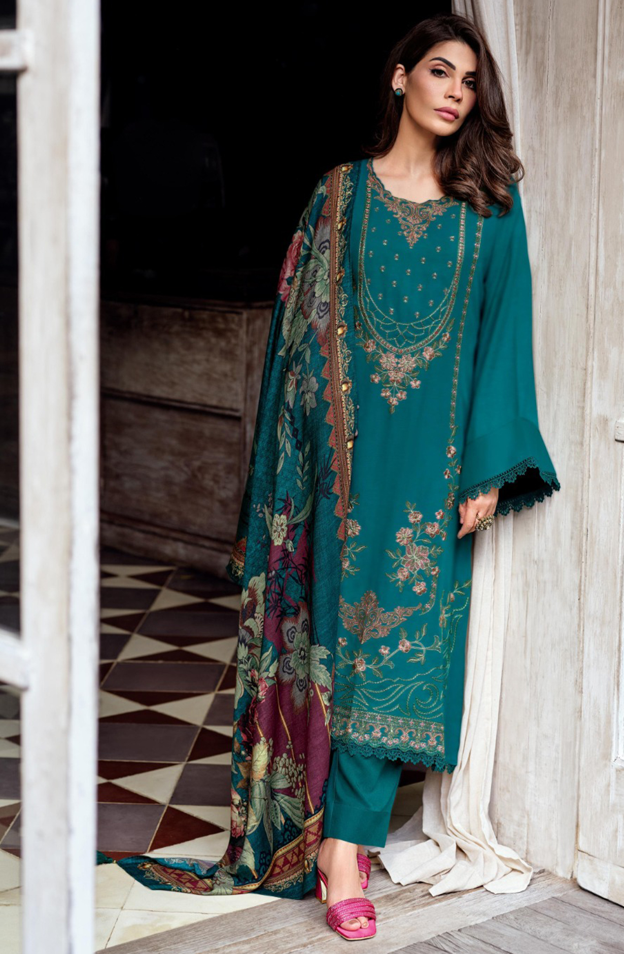 Teal Muslin Suit Set with Beautiful Digital Printed Dupatta- ORN01