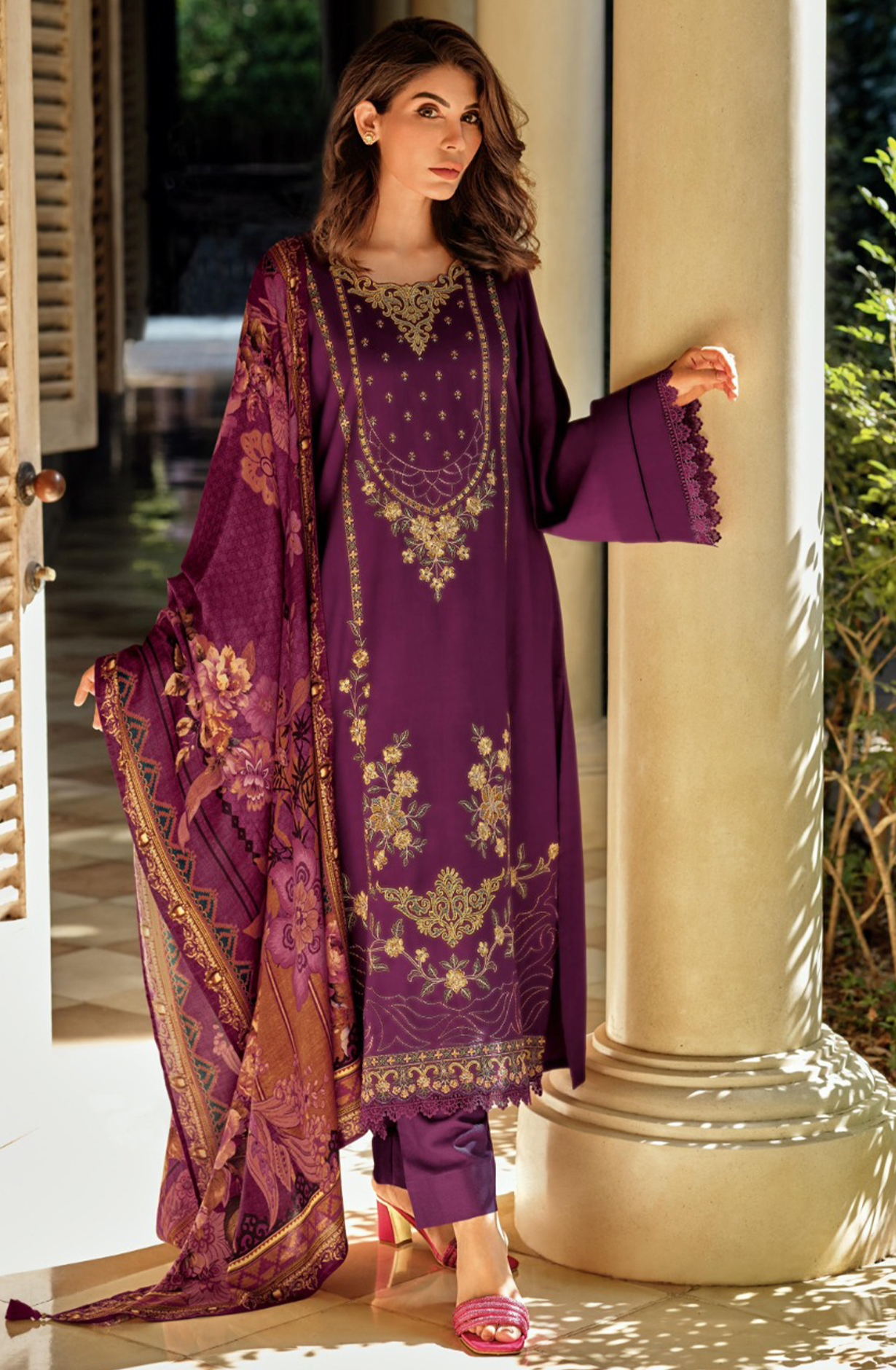 Wine Muslin Suit Set with Beautiful Digital Printed Dupatta- ORN03
