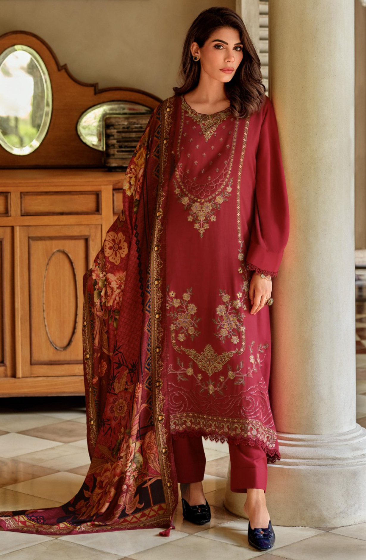 Red Muslin Suit Set with Beautiful Digital Printed Dupatta- ORN04