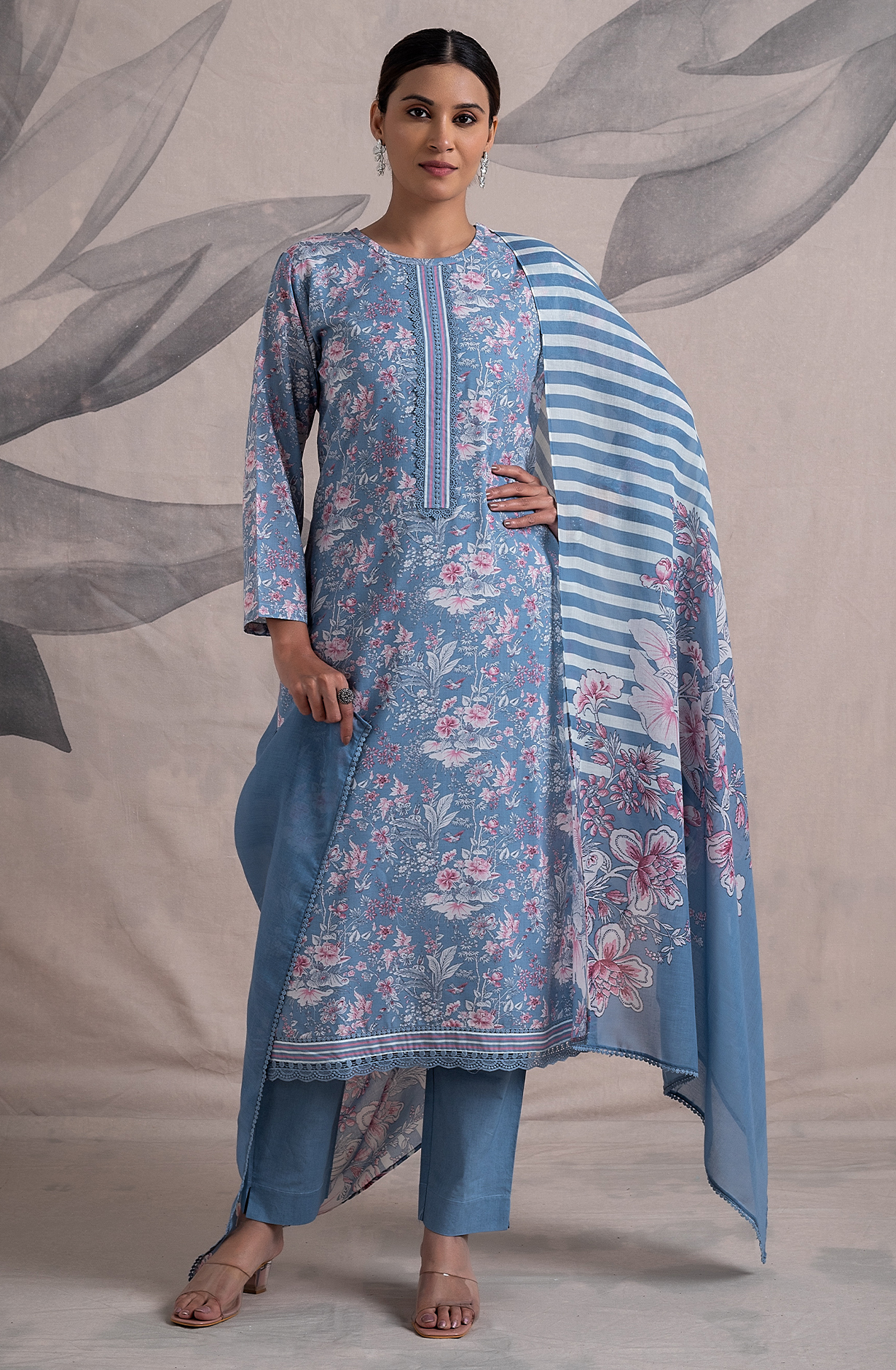 Pastel Grey Cotton Digital Printed Unstitched Salwar Kameez with Lace Work - ORT2258A