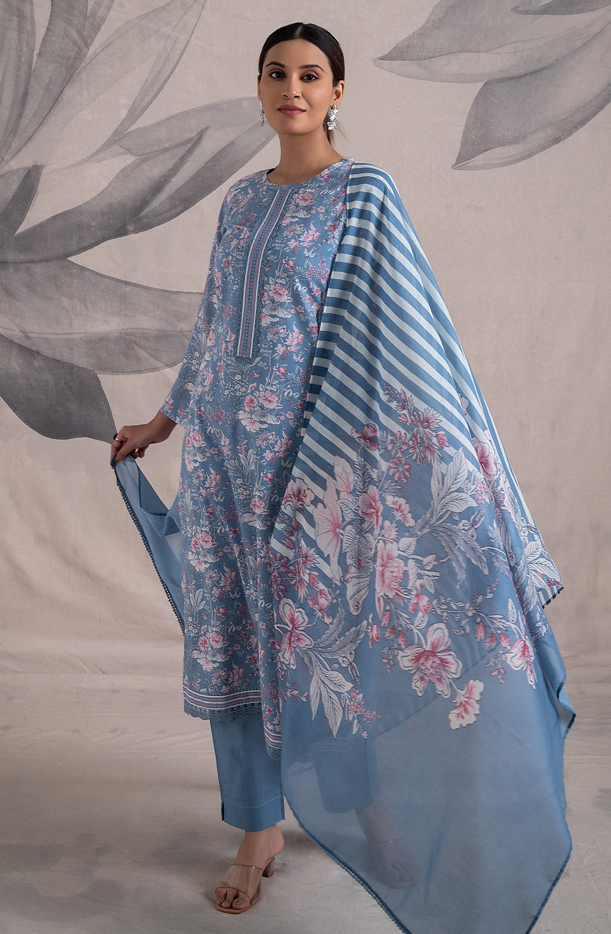 Pastel Grey Cotton Digital Printed Unstitched Salwar Kameez with Lace Work - ORT2258A