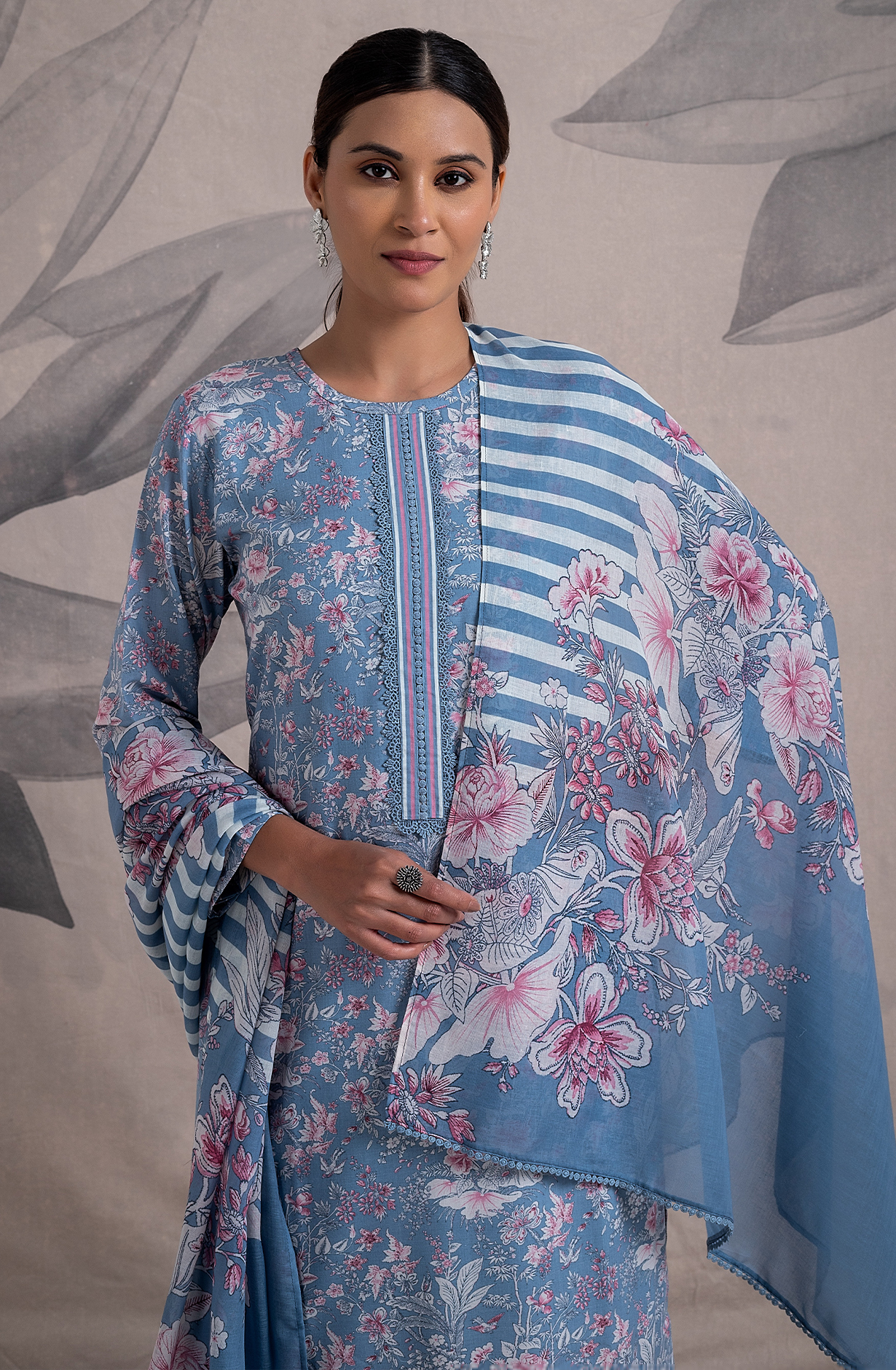 Pastel Grey Cotton Digital Printed Unstitched Salwar Kameez with Lace Work - ORT2258A