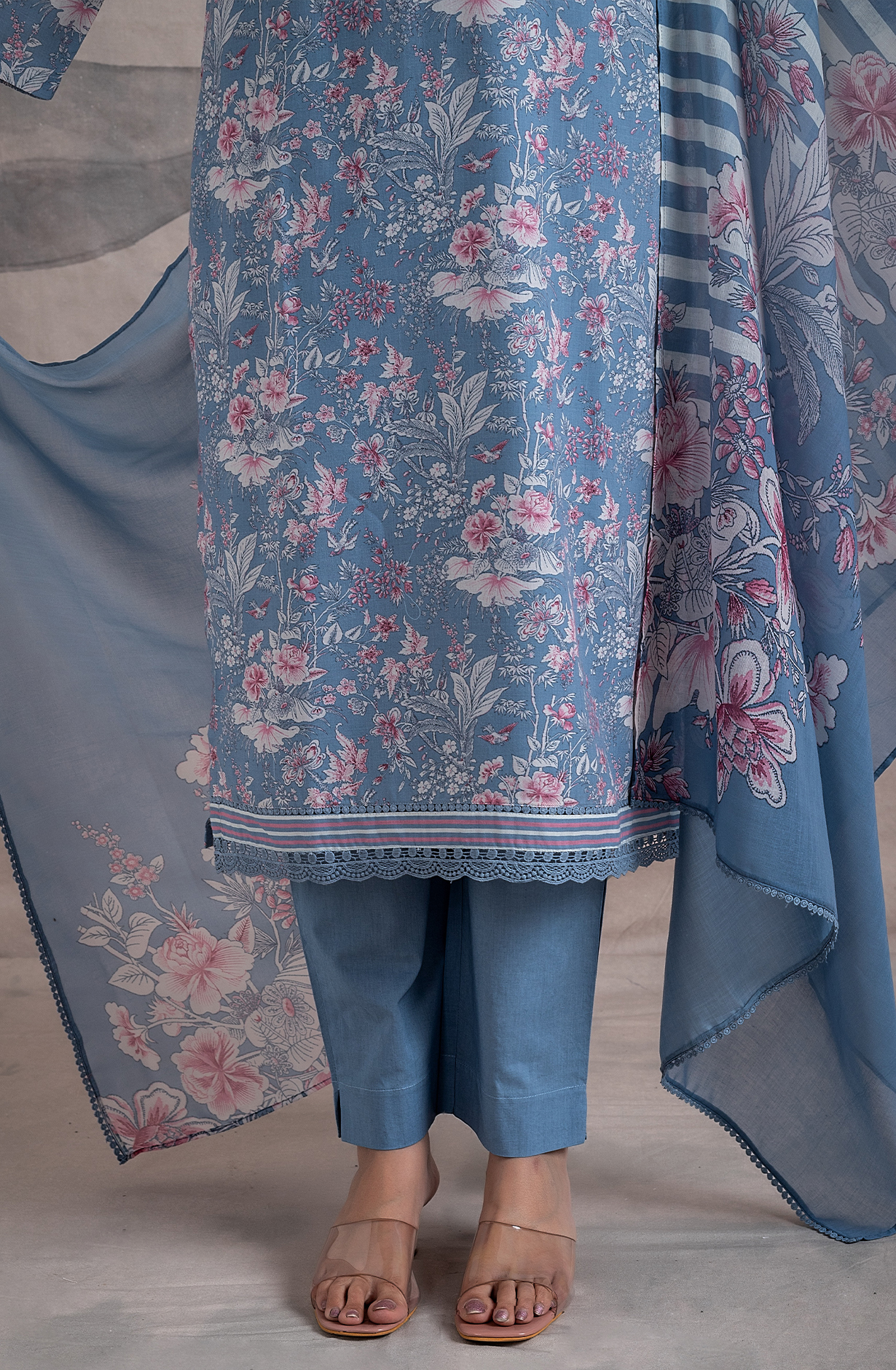 Pastel Grey Cotton Digital Printed Unstitched Salwar Kameez with Lace Work - ORT2258A