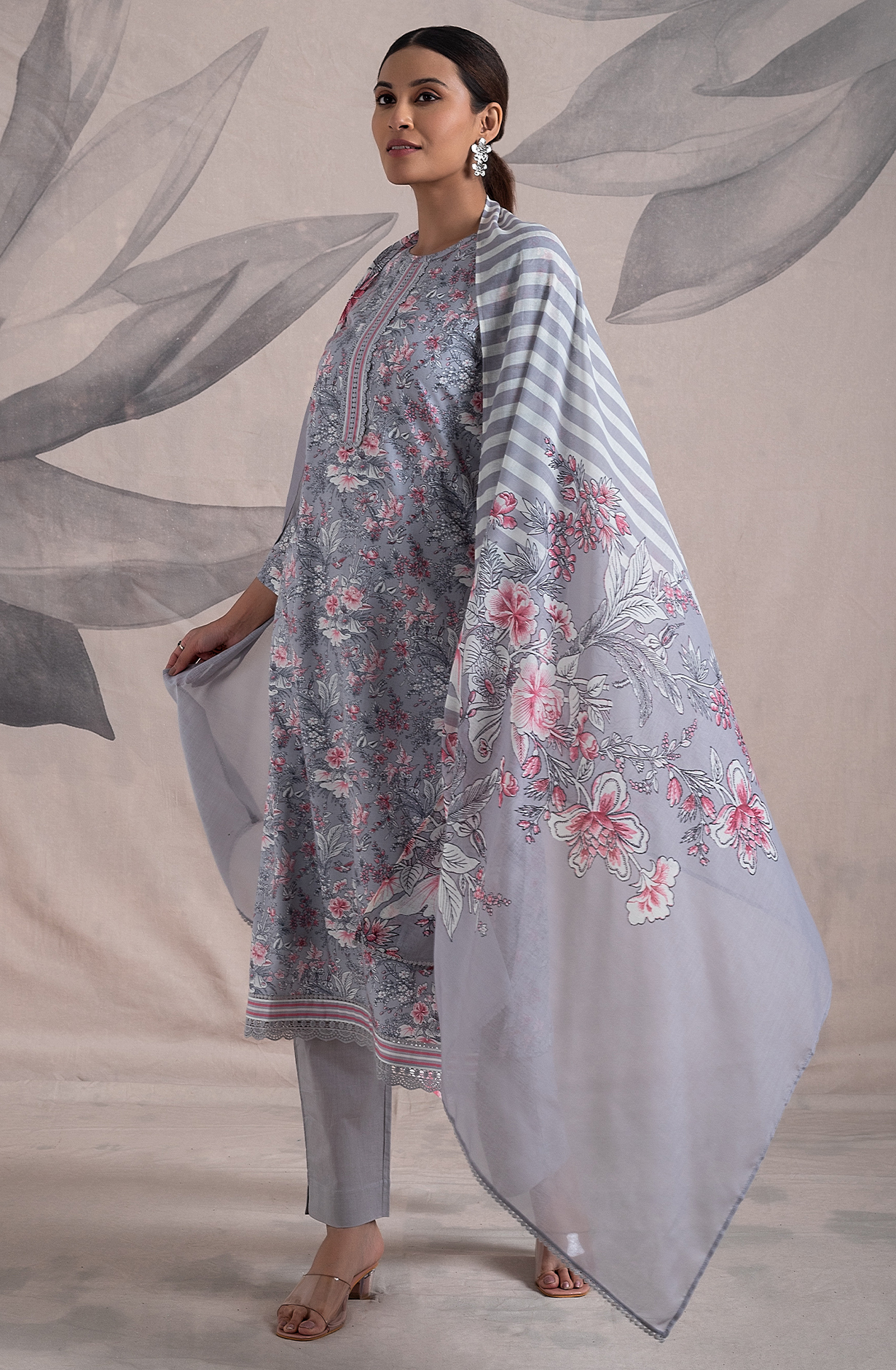 Grey Cotton Digital Printed Unstitched Salwar Kameez with Lace Work - ORT2258B