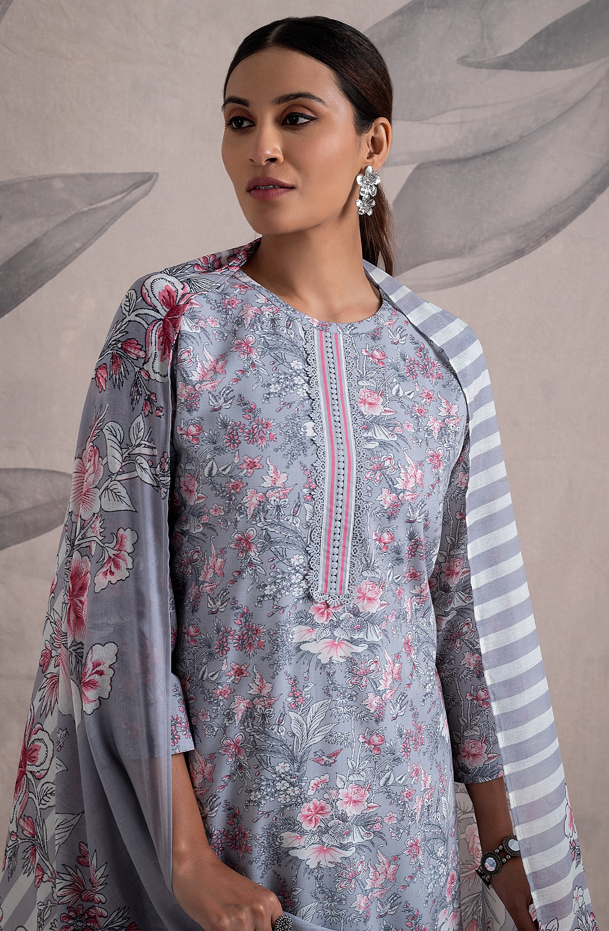 Grey Cotton Digital Printed Unstitched Salwar Kameez with Lace Work - ORT2258B