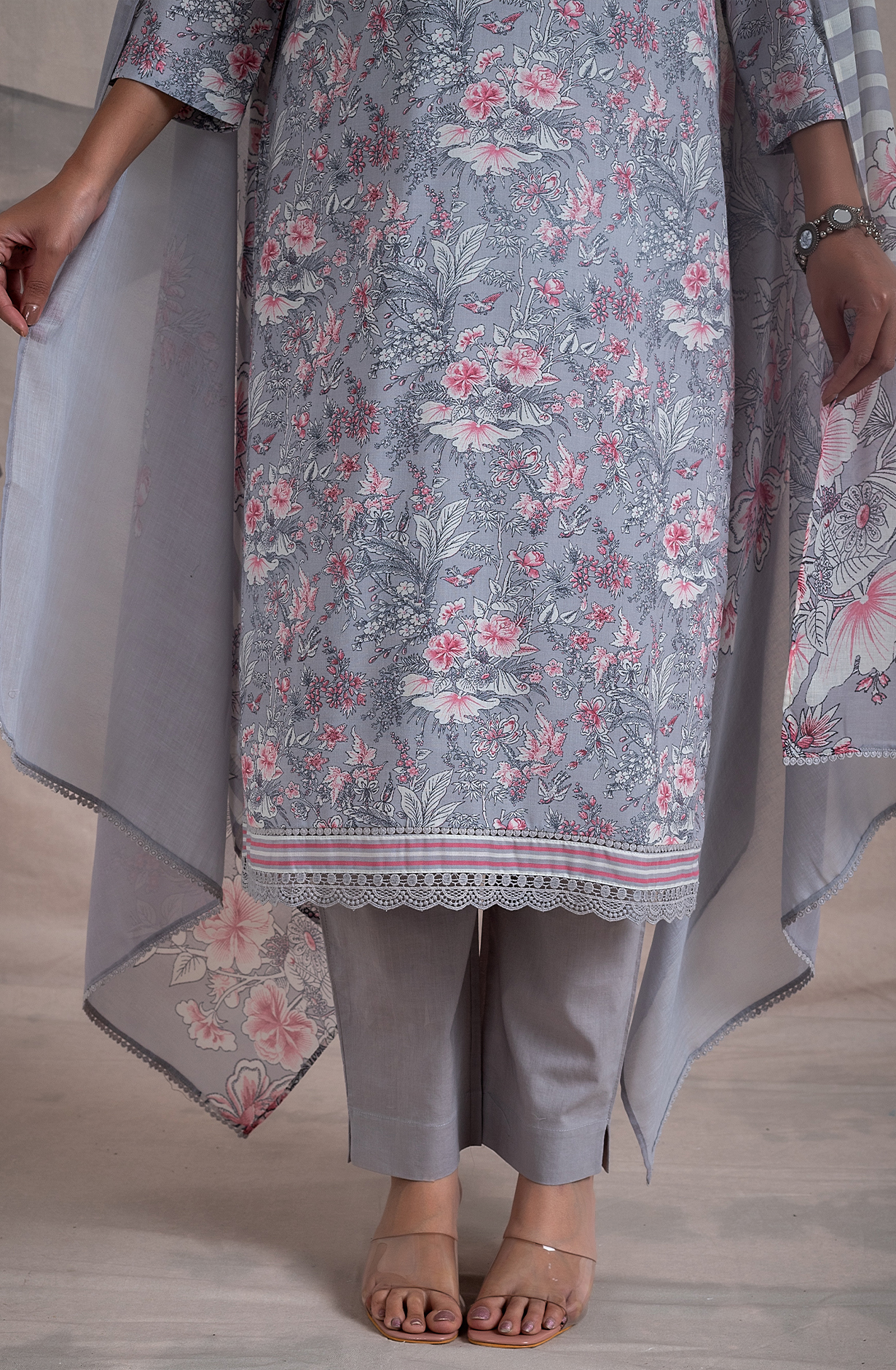 Grey Cotton Digital Printed Unstitched Salwar Kameez with Lace Work - ORT2258B