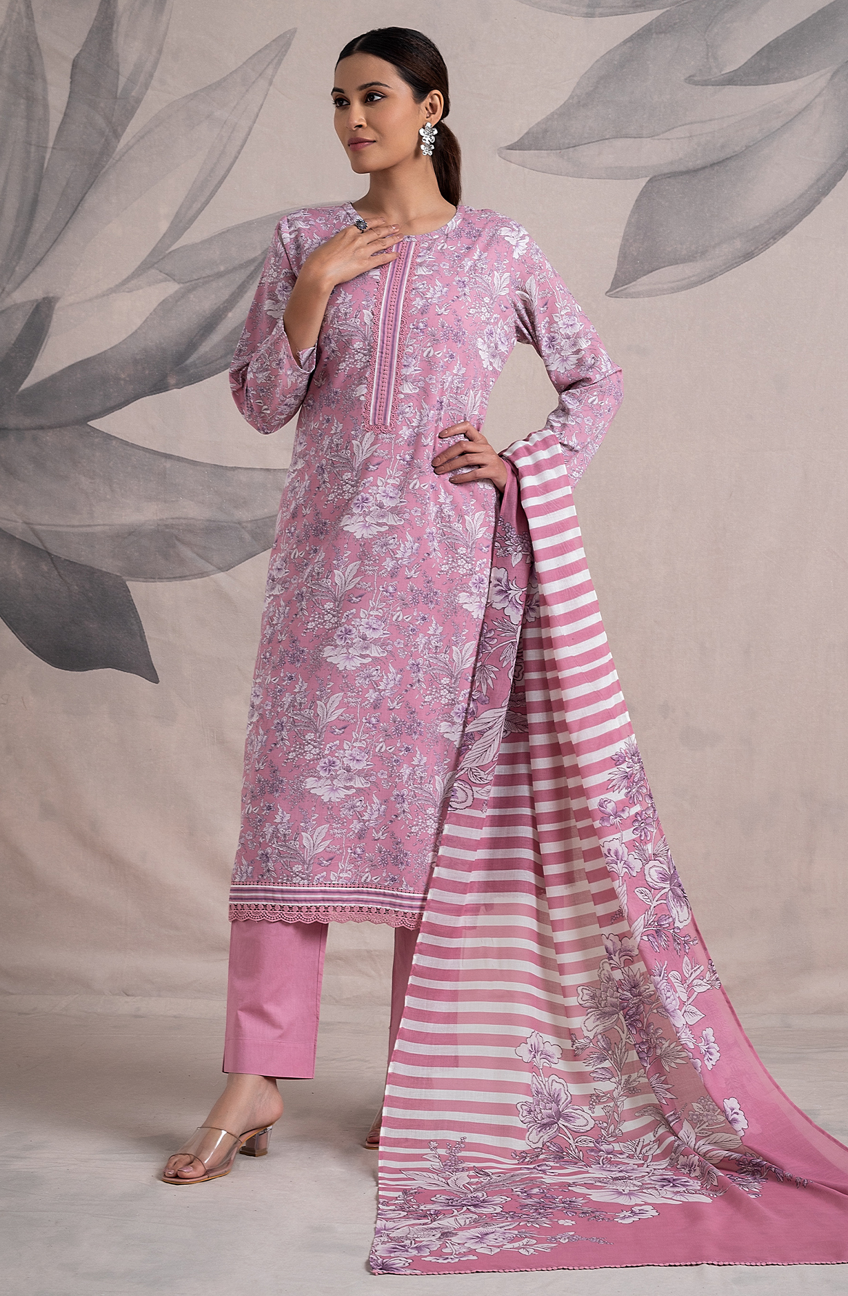 Pink Cotton Digital Printed Unstitched Salwar Kameez with Lace Work - ORT2258C
