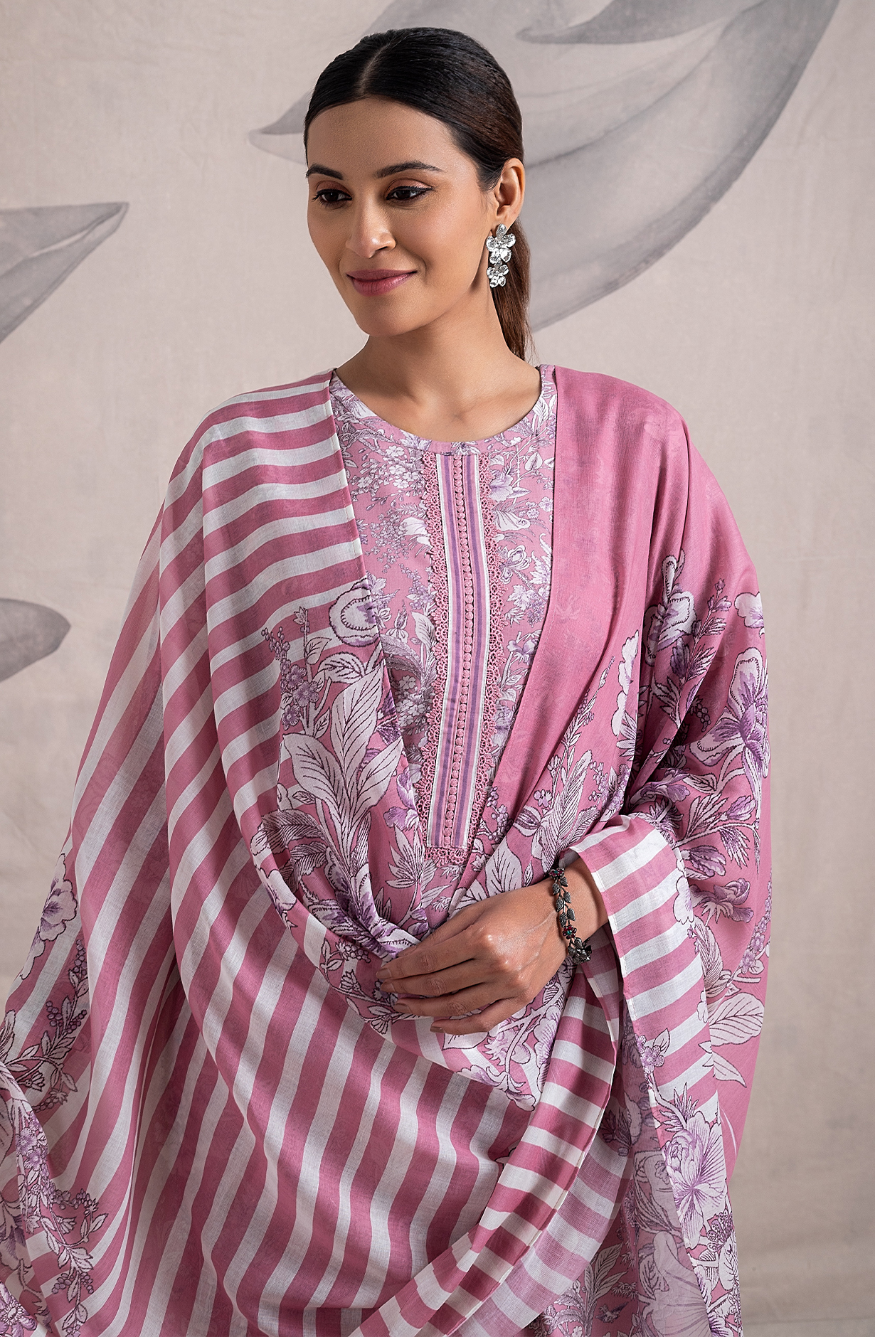 Pink Cotton Digital Printed Unstitched Salwar Kameez with Lace Work - ORT2258C