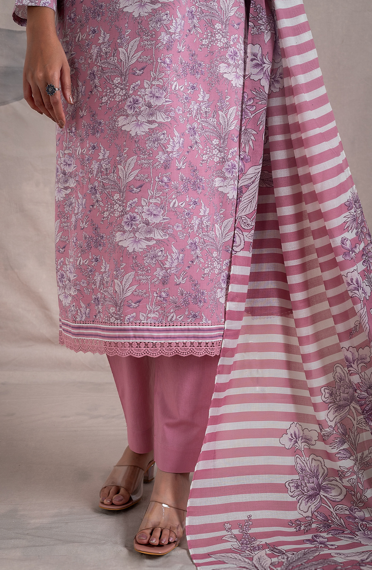 Pink Cotton Digital Printed Unstitched Salwar Kameez with Lace Work - ORT2258C