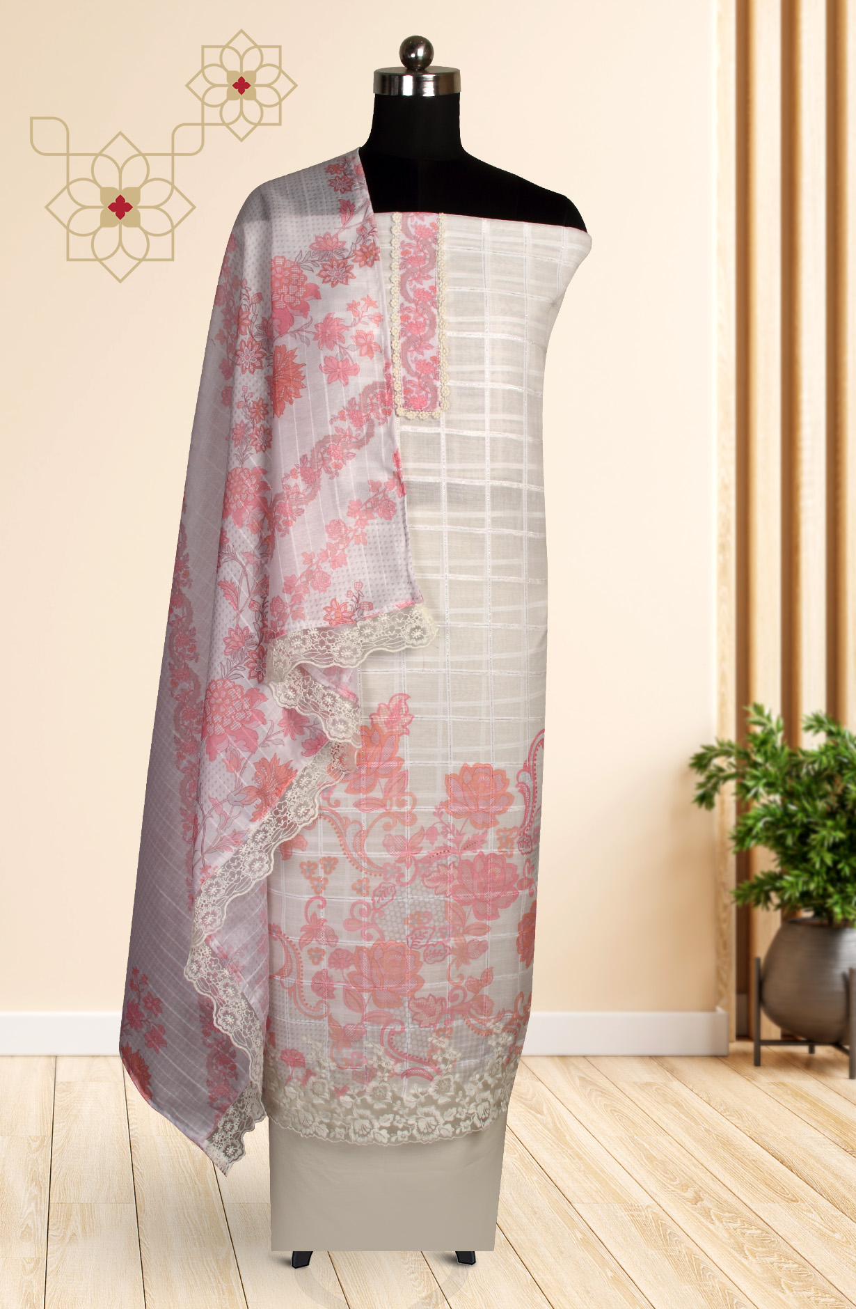 Cream and Pink Linen Exclusive Salwar Kameez with Dupatta - OSV1201A