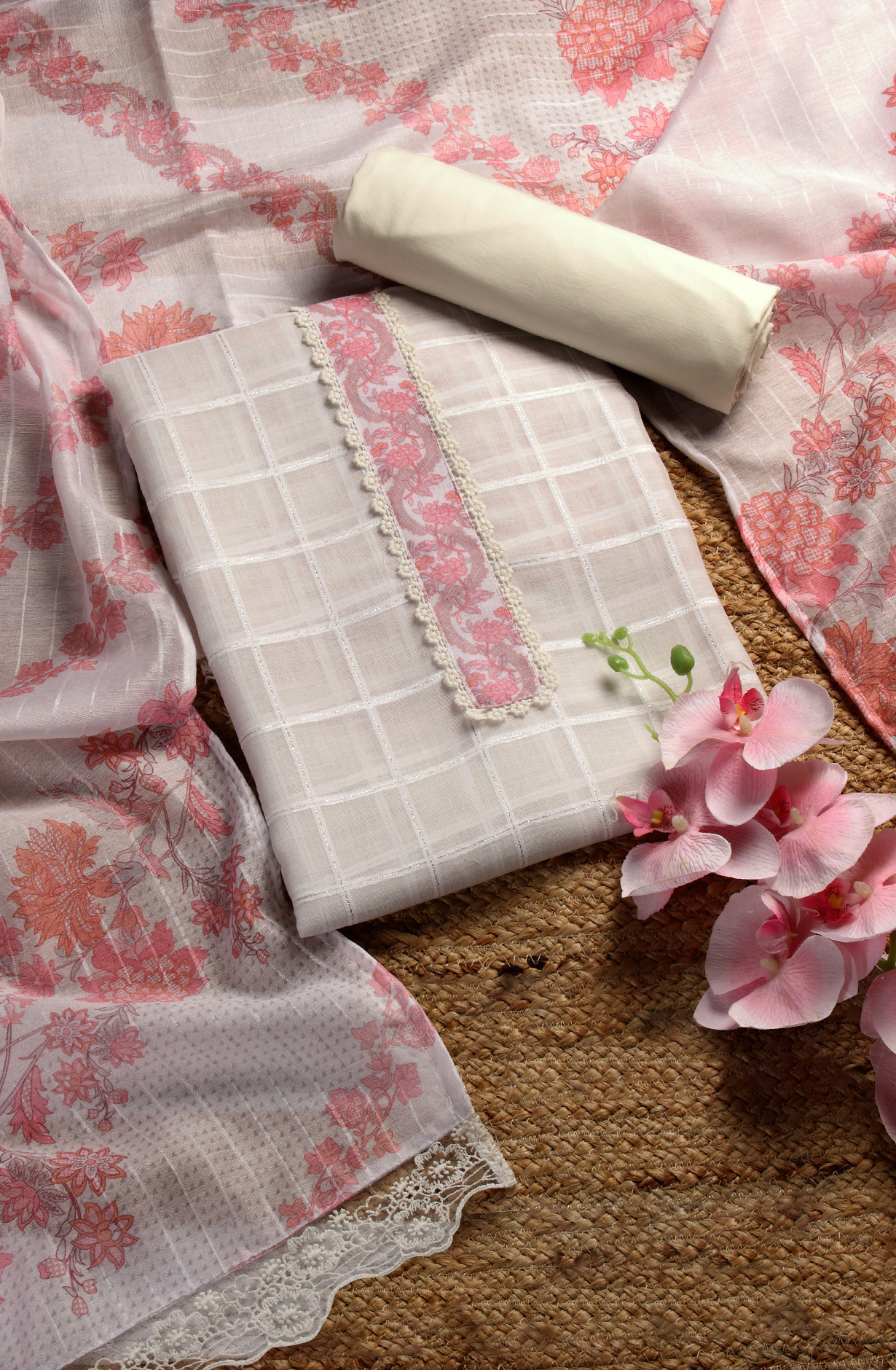 Cream and Pink Linen Exclusive Salwar Kameez with Dupatta - OSV1201A