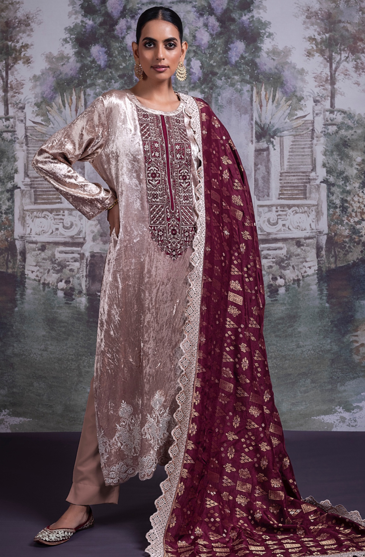 Pure Velvet Suit Set with Beautiful Maroon Silk Dupatta -  OSY2318A