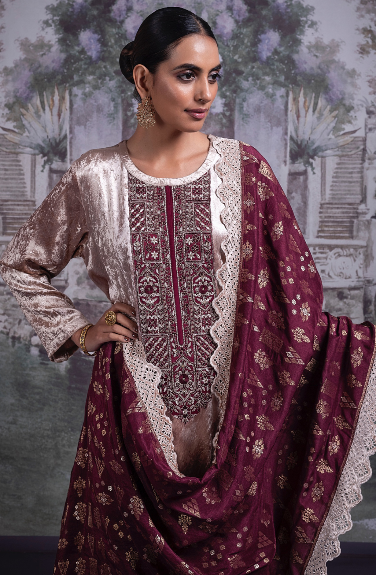 Pure Velvet Suit Set with Beautiful Maroon Silk Dupatta -  OSY2318A